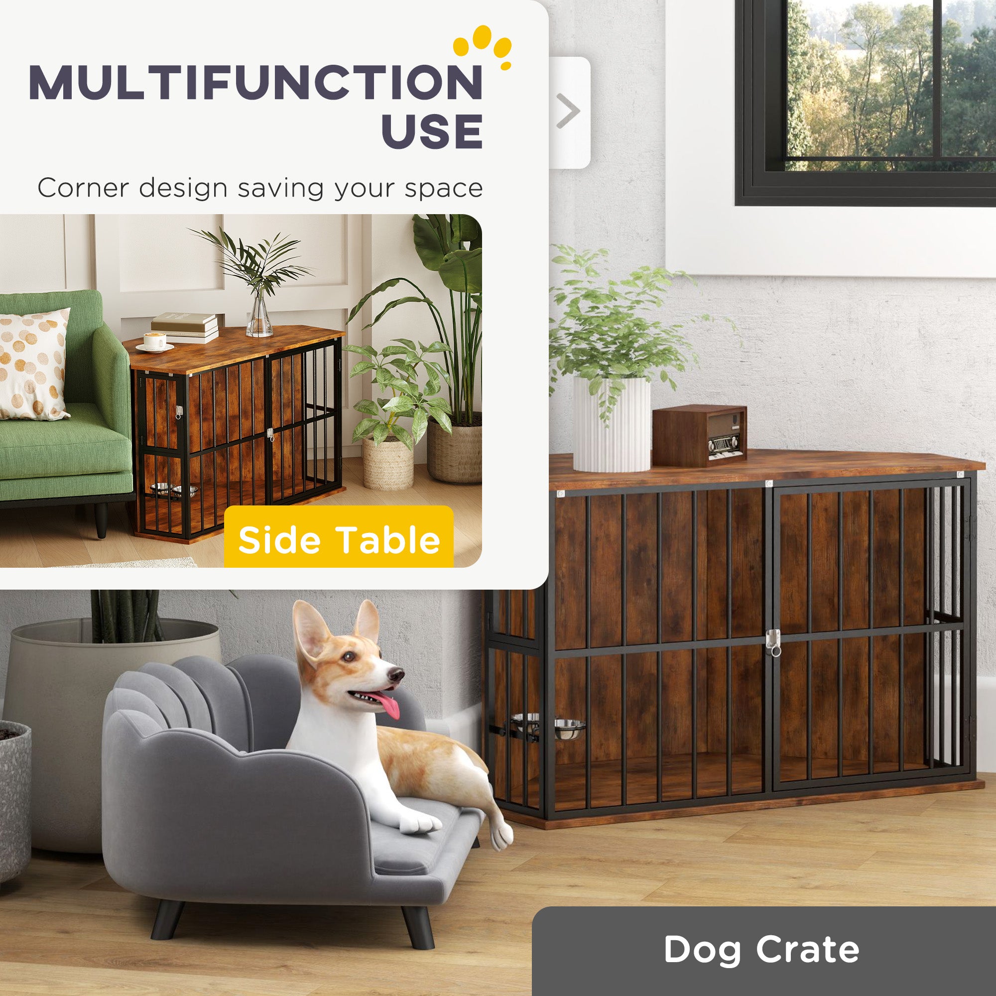 PawHut Corner Dog Crate Furniture, Heavy Duty Dog Kennel Side End Table Indoor with 2 Bowls, Feeding Door, Decorative Pet Cage TV Stand for Small and Medium Breeds, Rustic Brown