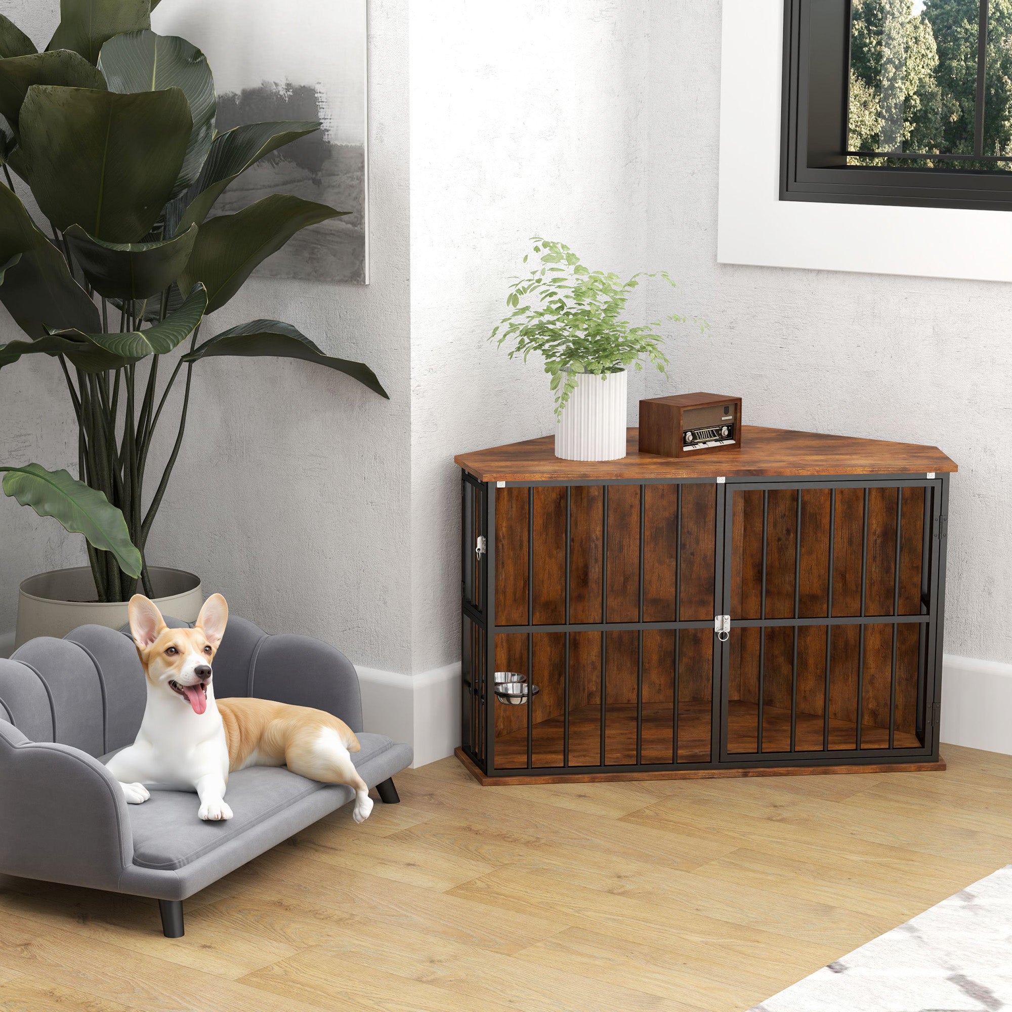 PawHut Corner Dog Crate Furniture, Heavy Duty Dog Kennel Side End Table Indoor with 2 Bowls, Feeding Door, Decorative Pet Cage TV Stand for Small and Medium Breeds, Rustic Brown