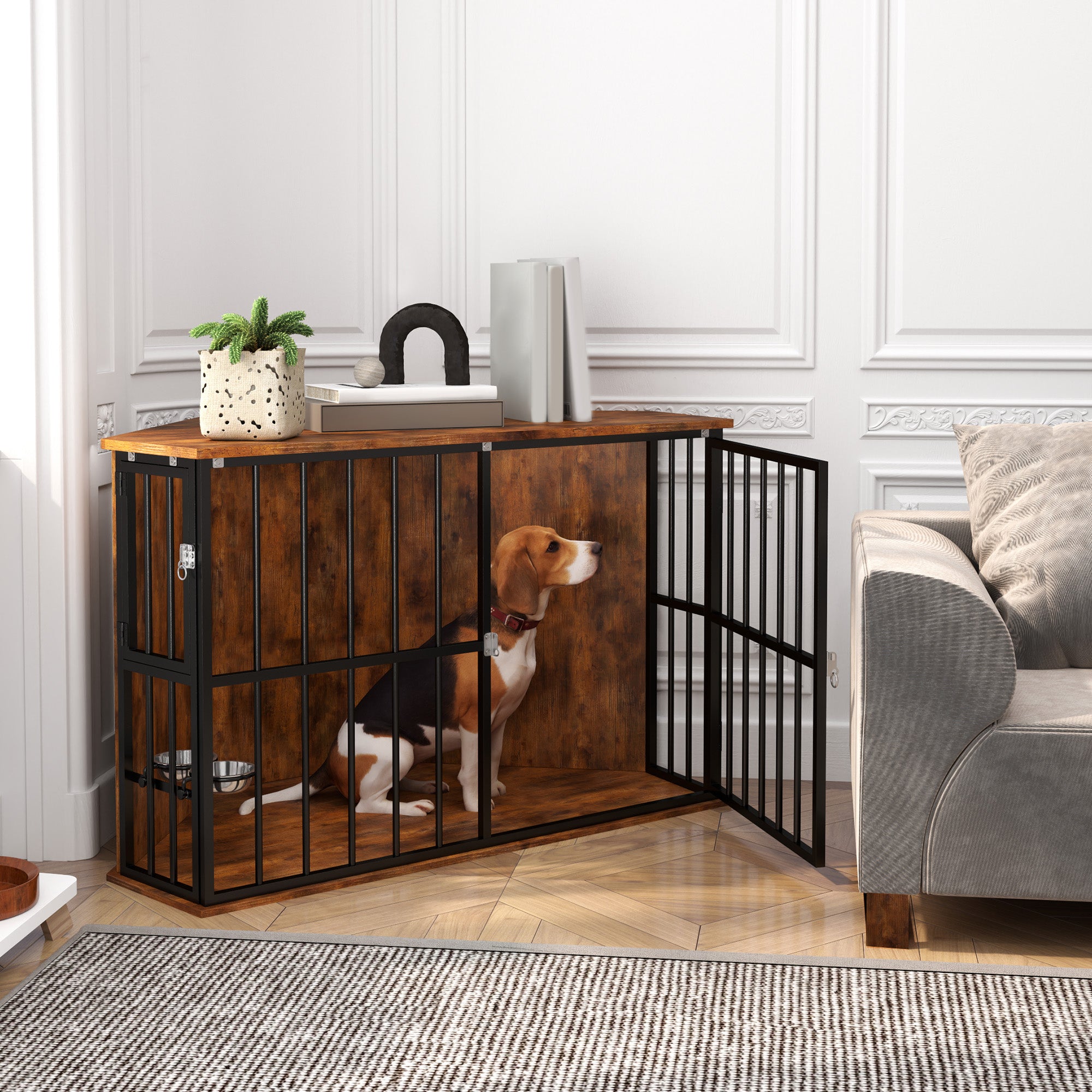 PawHut Corner Dog Crate Furniture, Heavy Duty Dog Kennel Side End Table Indoor with 2 Bowls, Feeding Door, Decorative Pet Cage TV Stand for Small and Medium Breeds, Rustic Brown