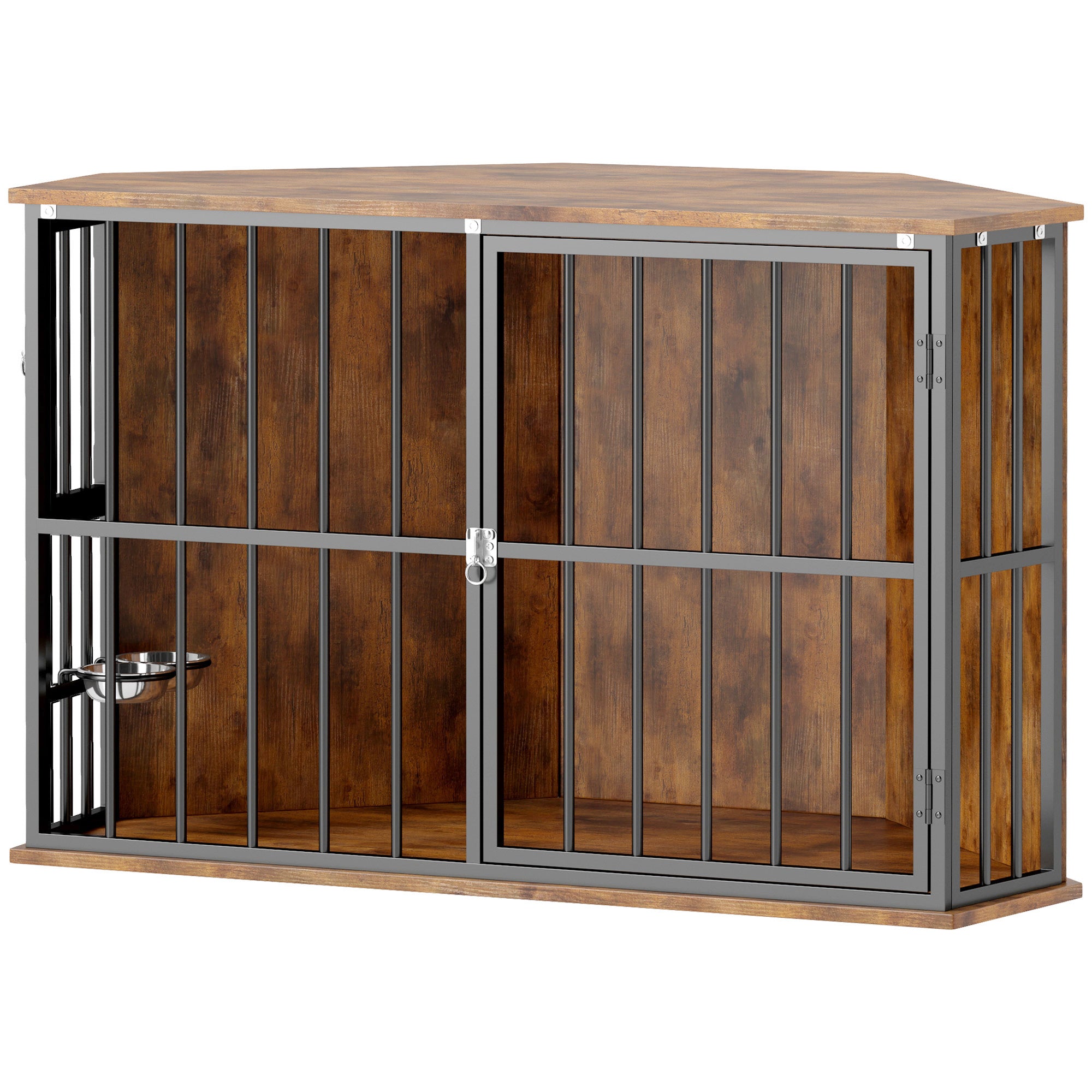 PawHut Corner Dog Crate Furniture, Heavy Duty Dog Kennel Side End Table Indoor with 2 Bowls, Feeding Door, Decorative Pet Cage TV Stand for Small and Medium Breeds, Rustic Brown