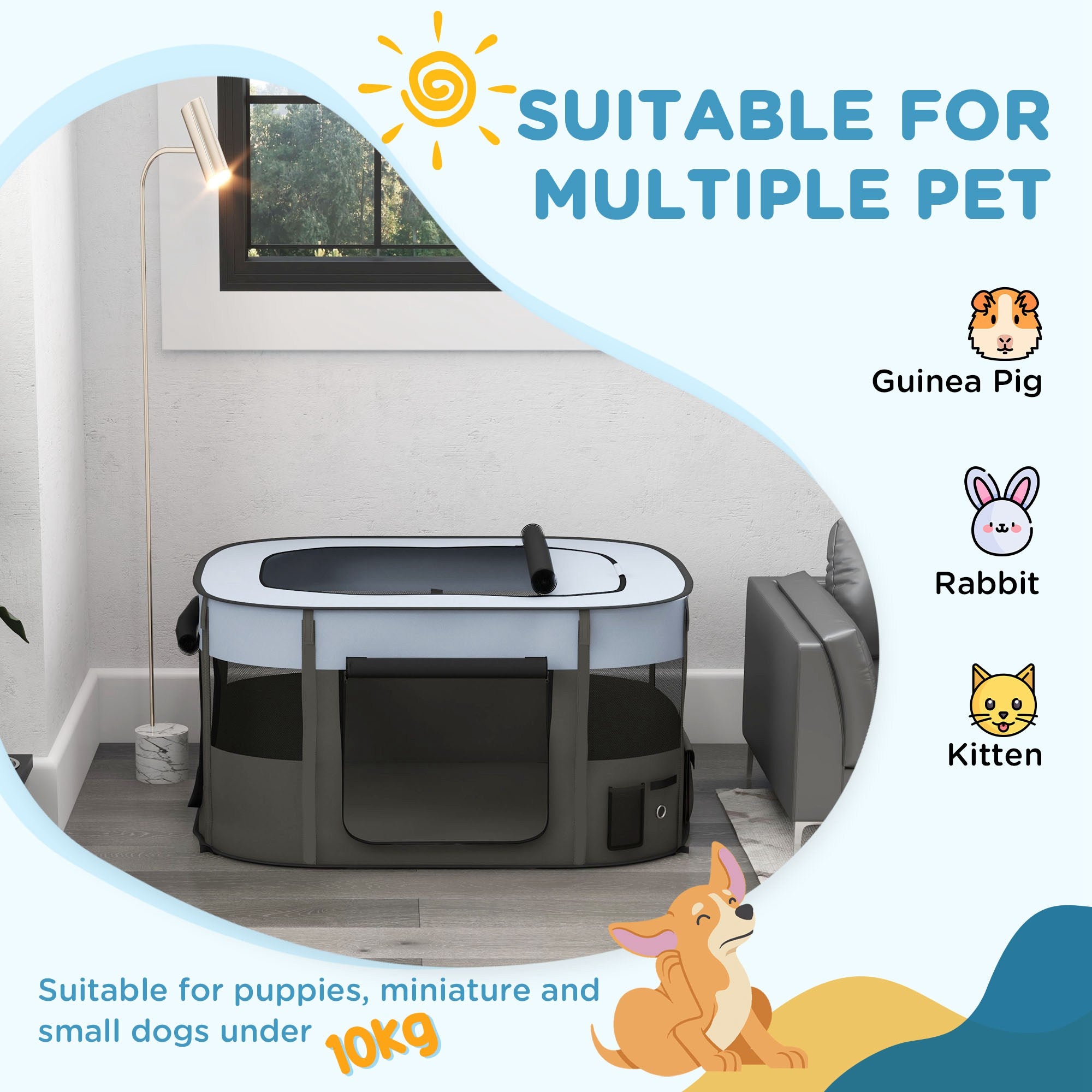 PawHut Dog Pen, Pet Playpen, Portable Foldable Dog Cat Playpen Soft Dog Cage with Storage Bag for Puppies, Rabbits, Kittens, Guinea Pigs, 114 x 89 x 59cm - Grey