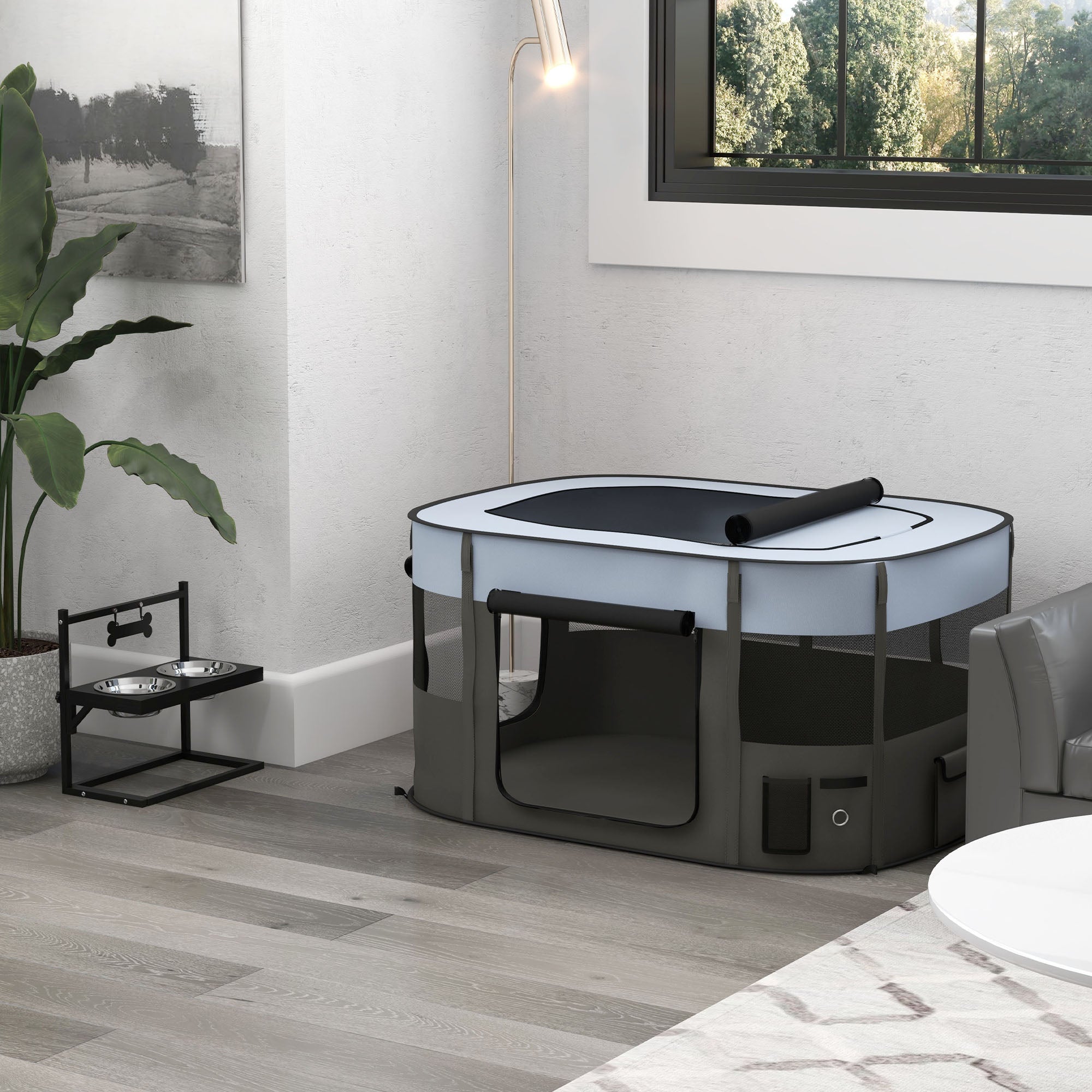 PawHut Dog Pen, Pet Playpen, Portable Foldable Dog Cat Playpen Soft Dog Cage with Storage Bag for Puppies, Rabbits, Kittens, Guinea Pigs, 114 x 89 x 59cm - Grey