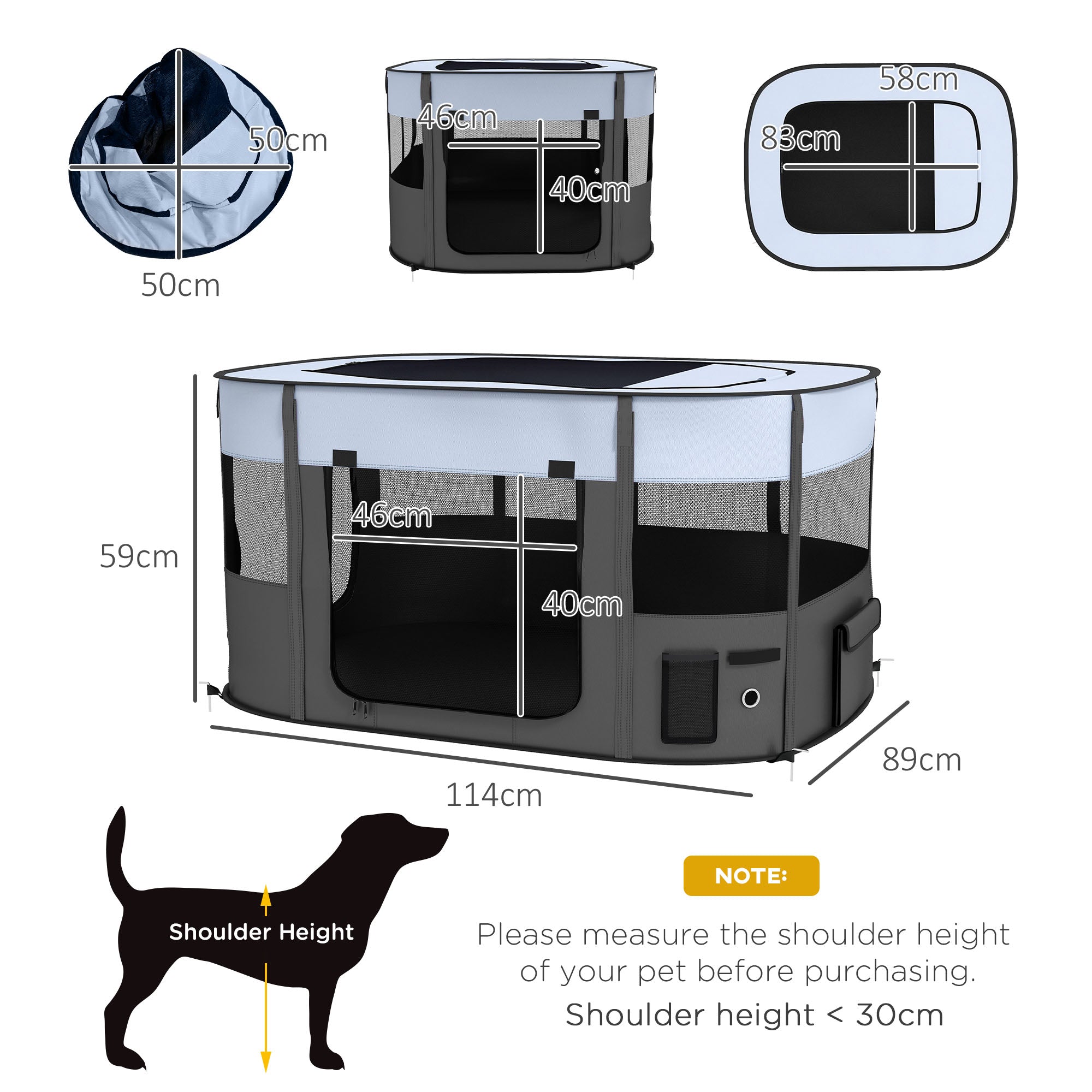 PawHut Dog Pen, Pet Playpen, Portable Foldable Dog Cat Playpen Soft Dog Cage with Storage Bag for Puppies, Rabbits, Kittens, Guinea Pigs, 114 x 89 x 59cm - Grey