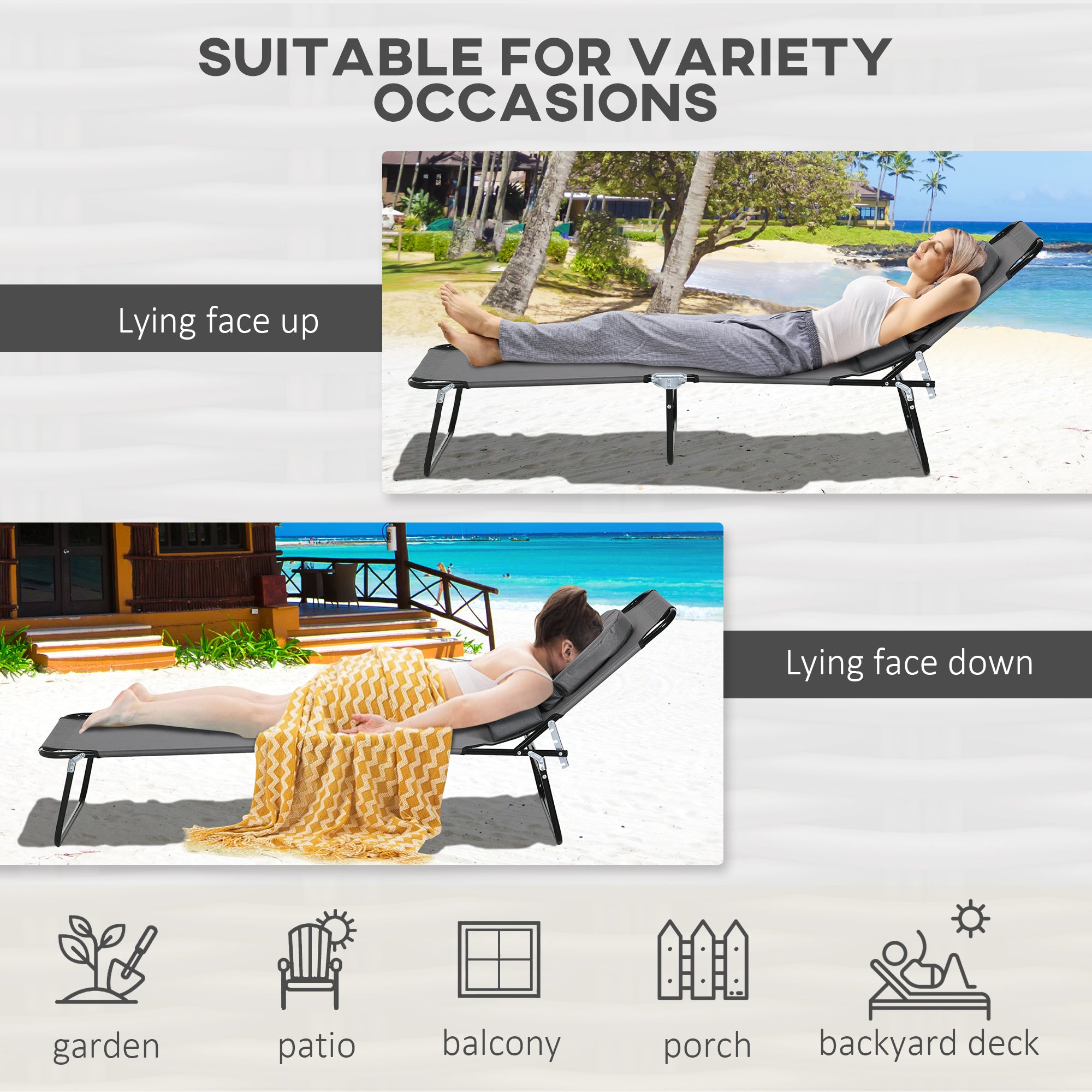 Outsunny 2PCS Adjustable Outdoor Lounge Chair, Garden Folding Chaise Lounge w/ Reading Hole Reclining Tanning Chair Seat, Folding Camping Beach Lounging Bed with Head Support Grey