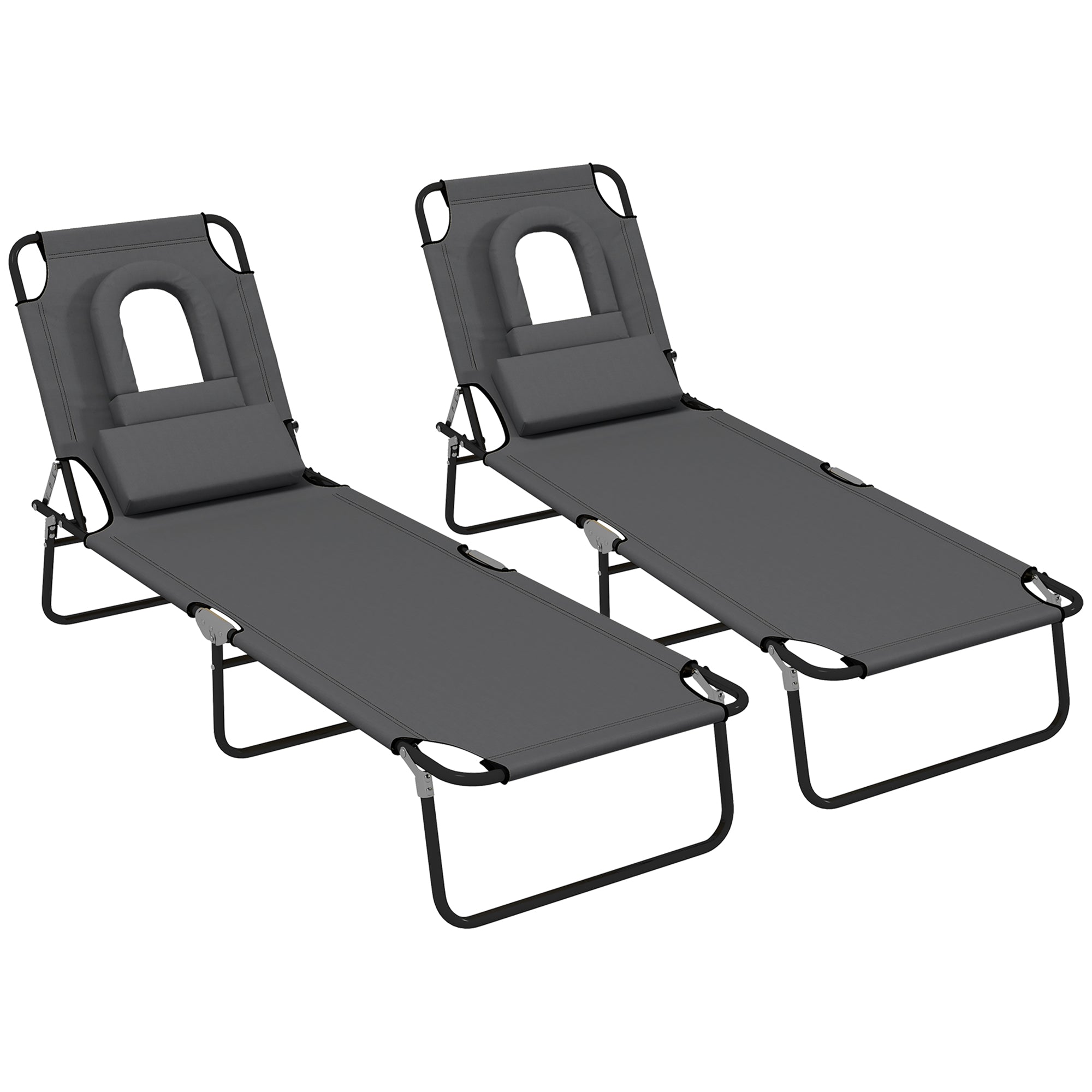 Outsunny 2PCS Adjustable Outdoor Lounge Chair, Garden Folding Chaise Lounge w/ Reading Hole Reclining Tanning Chair Seat, Folding Camping Beach Lounging Bed with Head Support Grey