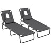 Outsunny 2PCS Adjustable Outdoor Lounge Chair, Garden Folding Chaise Lounge w/ Reading Hole Reclining Tanning Chair Seat, Folding Camping Beach Lounging Bed with Head Support Grey