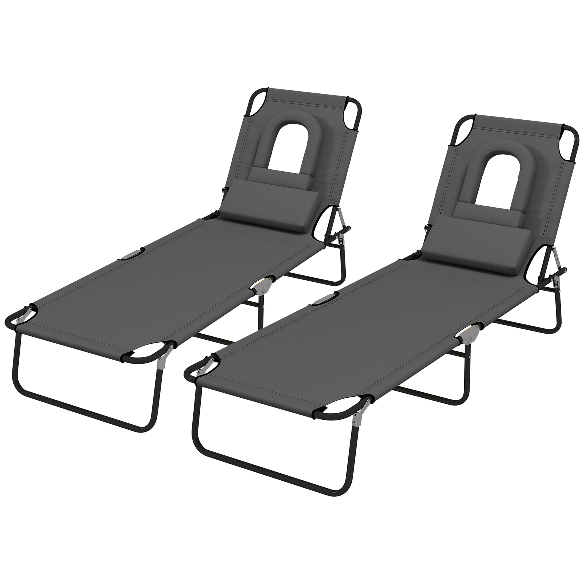 Outsunny 2PCS Adjustable Outdoor Lounge Chair, Garden Folding Chaise Lounge w/ Reading Hole Reclining Tanning Chair Seat, Folding Camping Beach Lounging Bed with Head Support Grey
