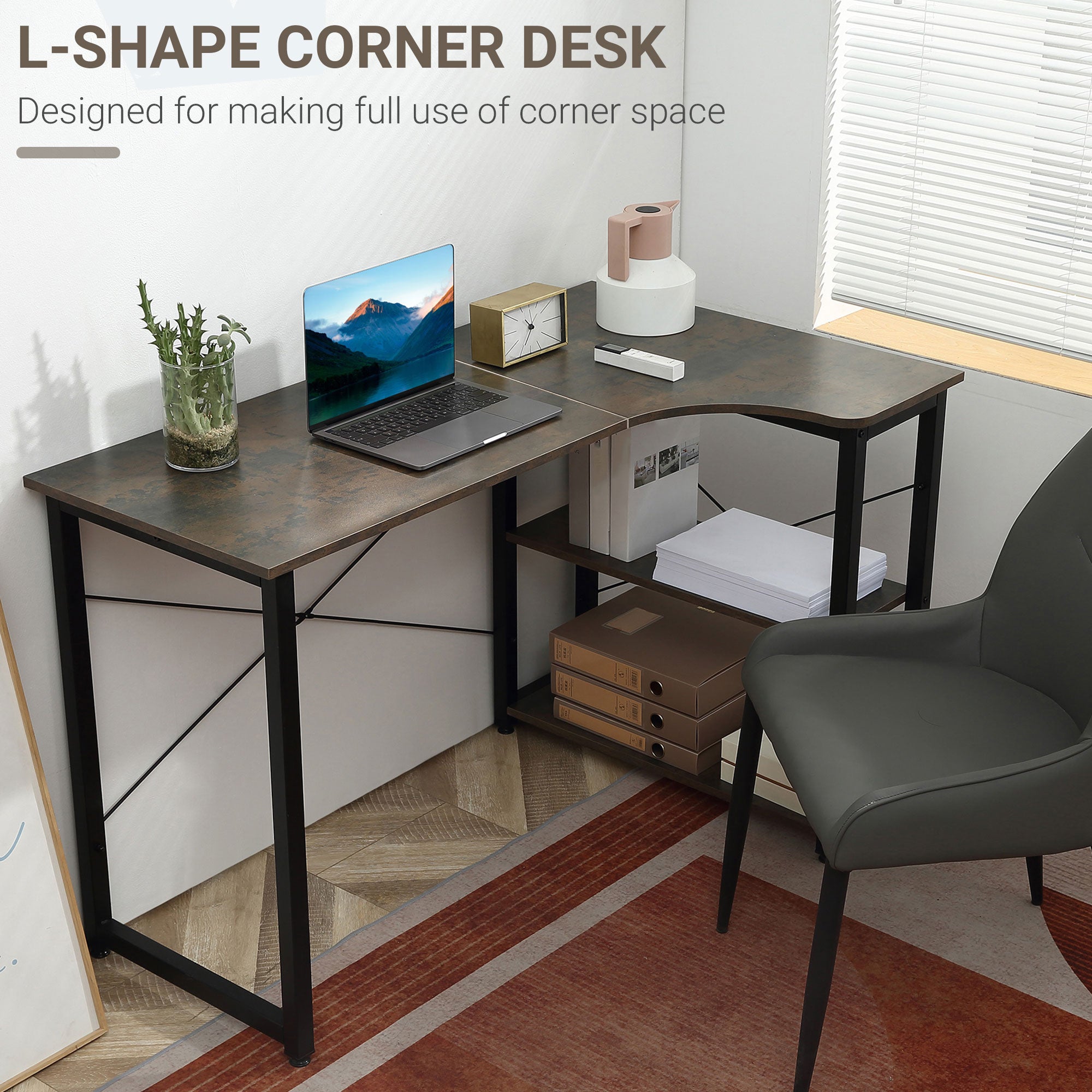 HOMCOM L-Shaped Computer Desk Home Office Corner Desk Study Workstation Table with 2 Shelves, Steel Frame, Charcoal Grey