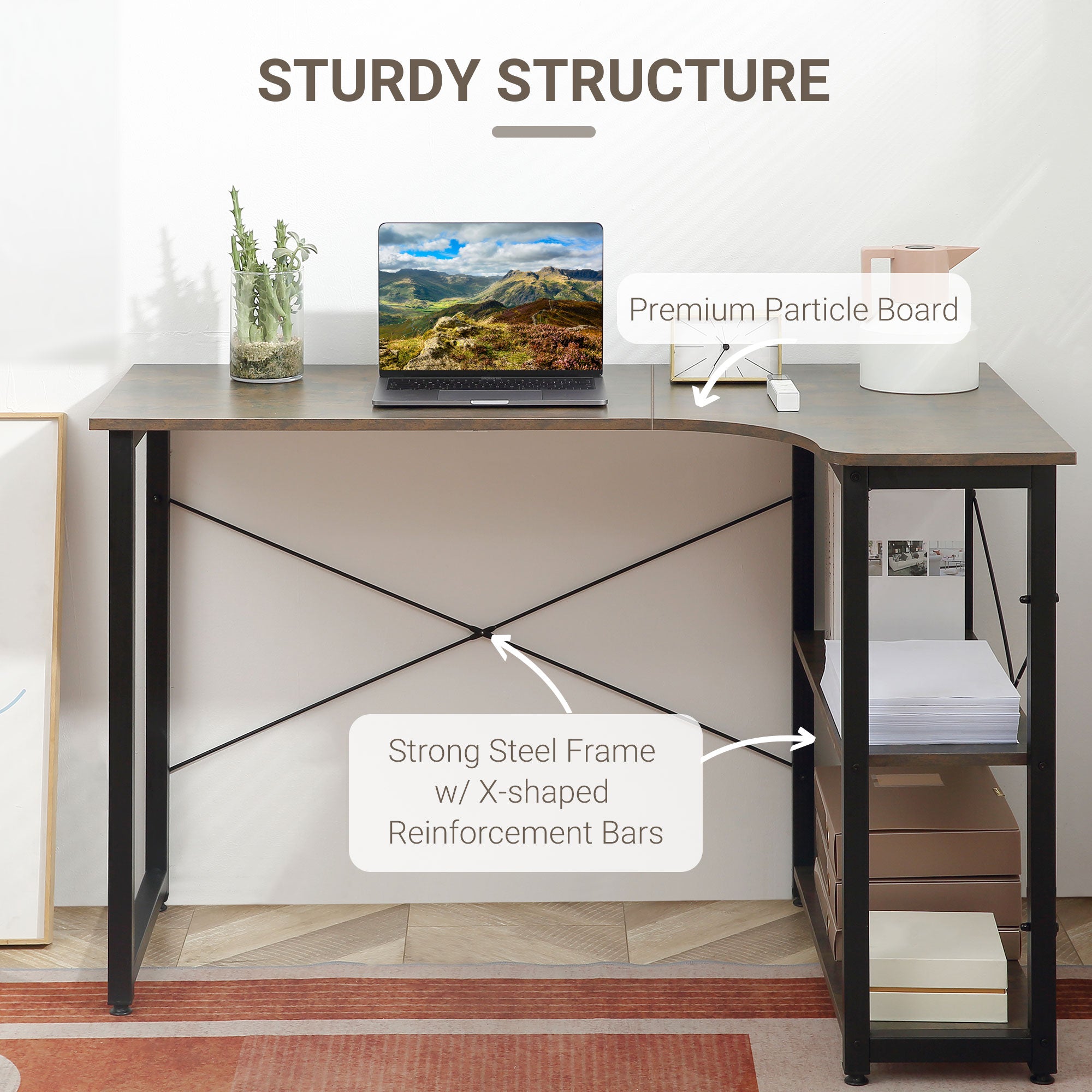 HOMCOM L-Shaped Computer Desk Home Office Corner Desk Study Workstation Table with 2 Shelves, Steel Frame, Charcoal Grey