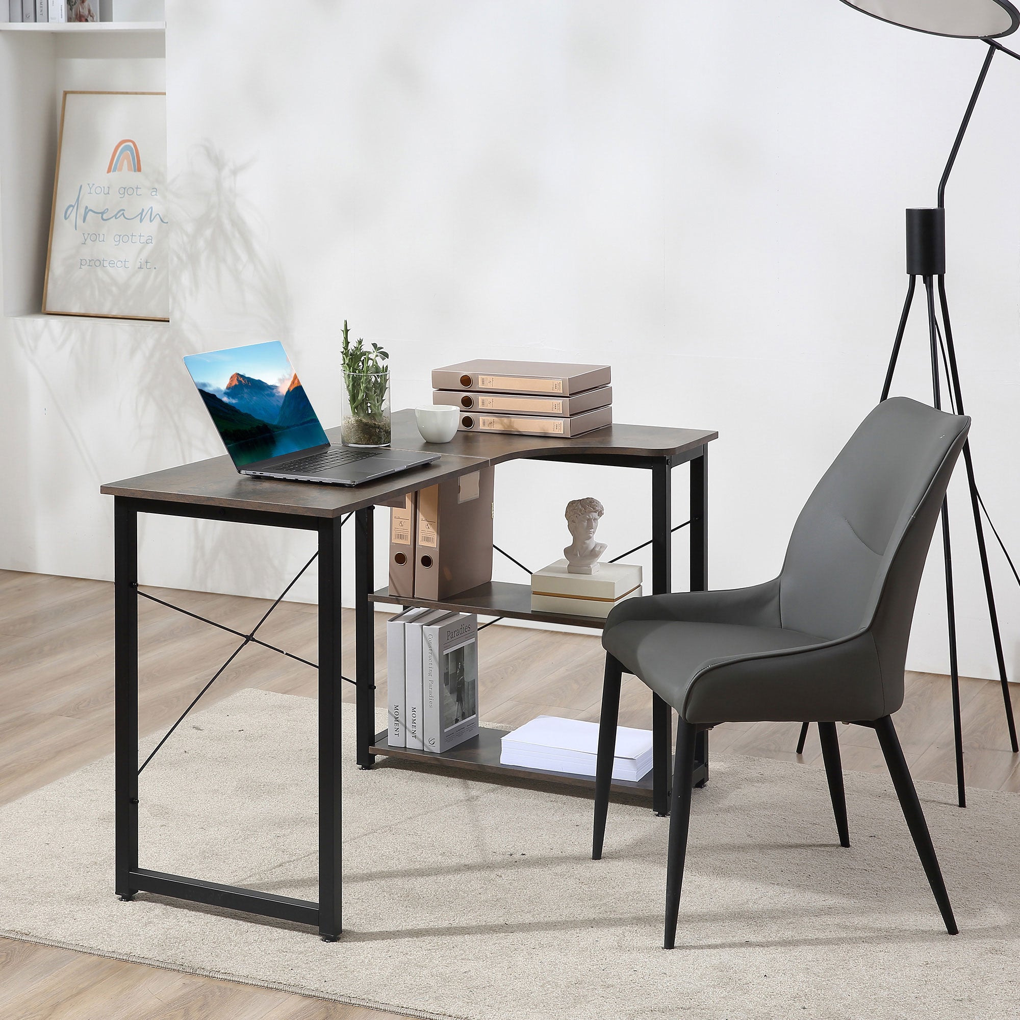 HOMCOM L-Shaped Computer Desk Home Office Corner Desk Study Workstation Table with 2 Shelves, Steel Frame, Charcoal Grey