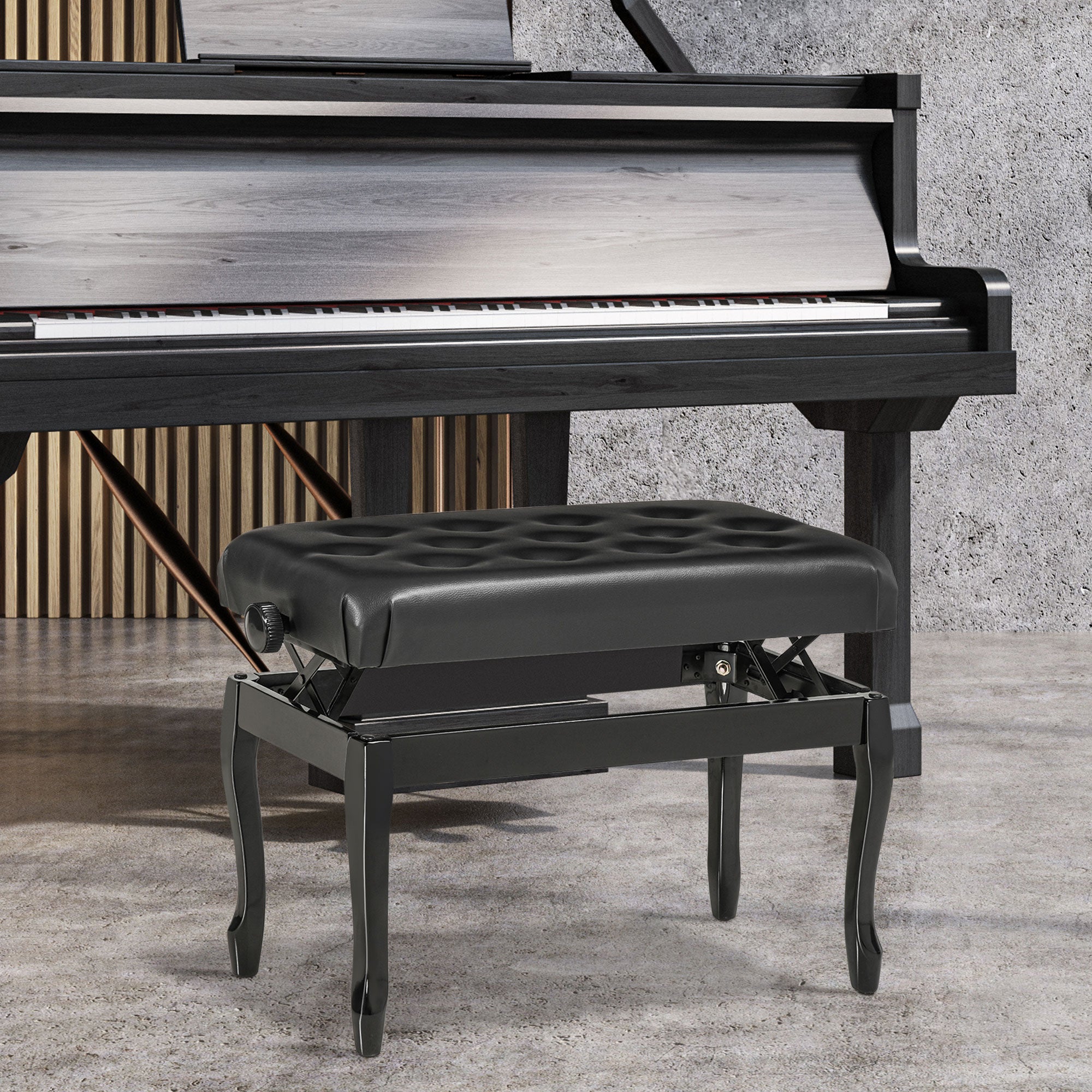HOMCOM Adjustable Height Piano Bench Stool, PU Leather Button Tufted Padded Keyboard Seat with Rubber Wood Legs, Black