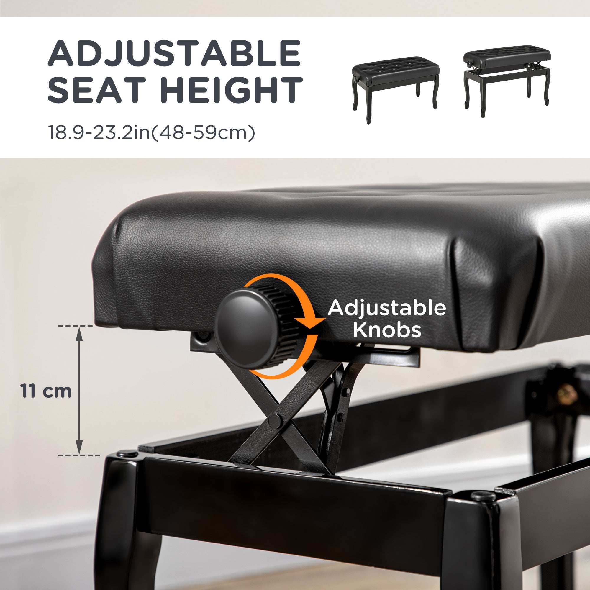 HOMCOM Adjustable Height Piano Bench Stool, PU Leather Button Tufted Padded Keyboard Seat with Rubber Wood Legs, Black