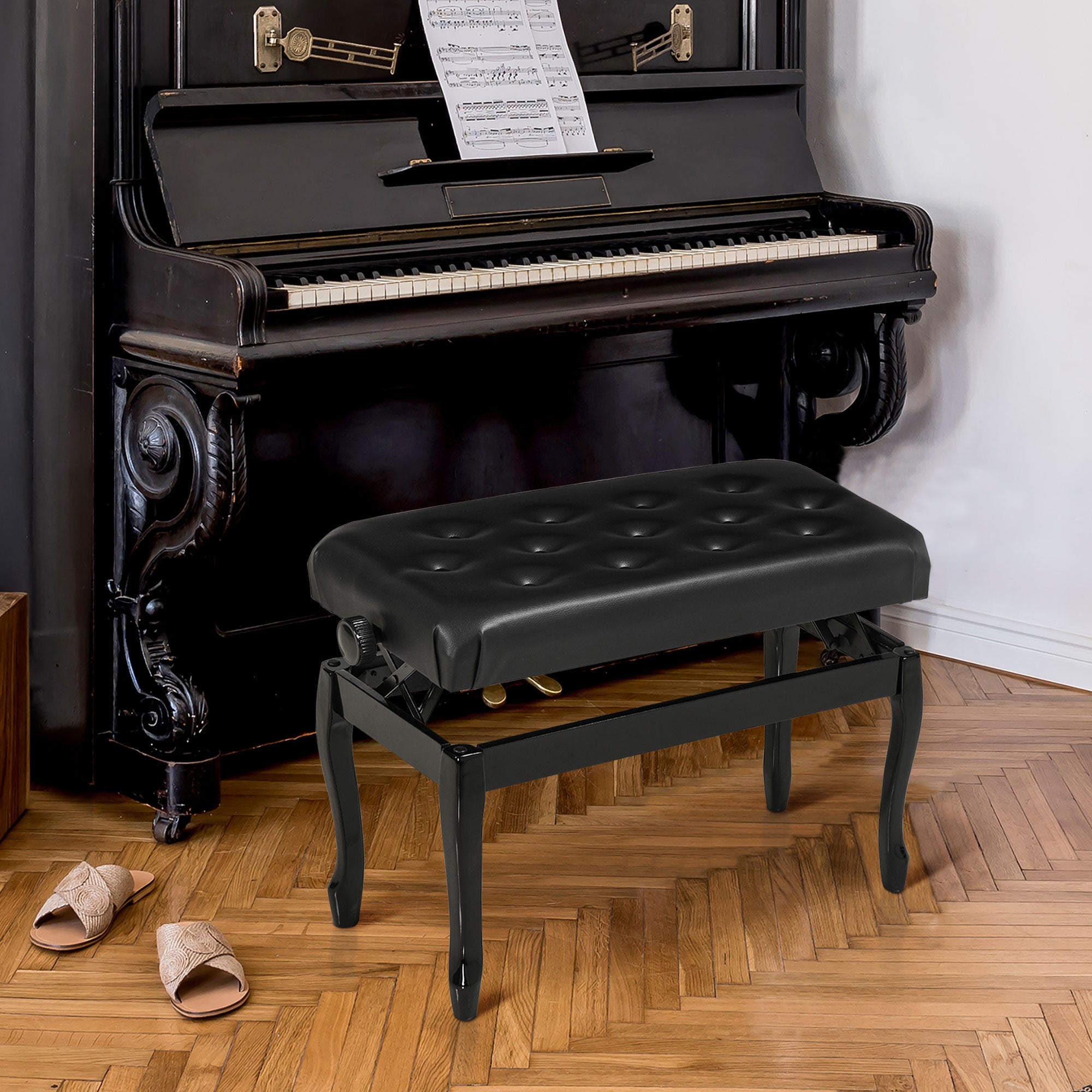 HOMCOM Adjustable Height Piano Bench Stool, PU Leather Button Tufted Padded Keyboard Seat with Rubber Wood Legs, Black
