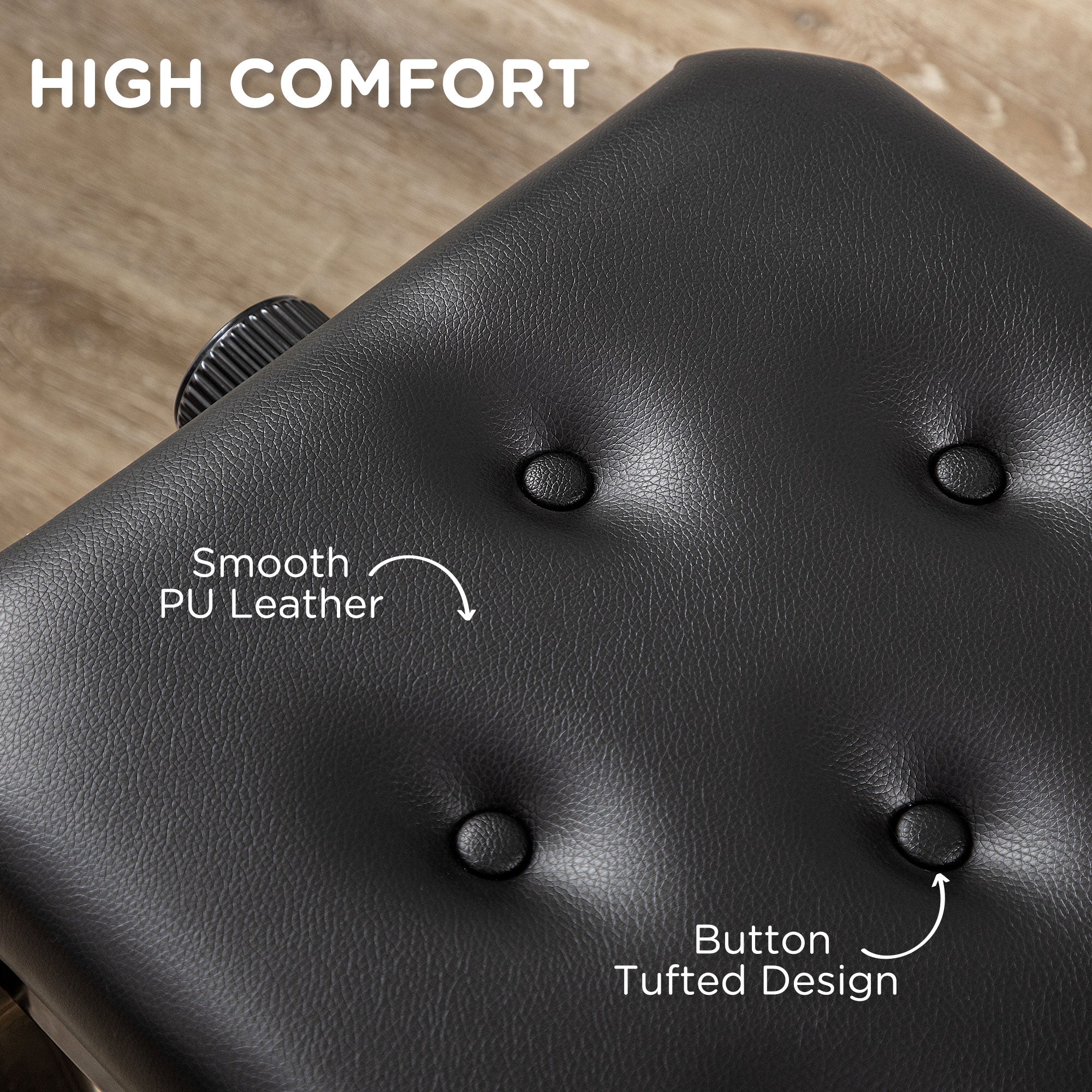 HOMCOM Adjustable Height Piano Bench Stool, PU Leather Button Tufted Padded Keyboard Seat with Rubber Wood Legs, Black