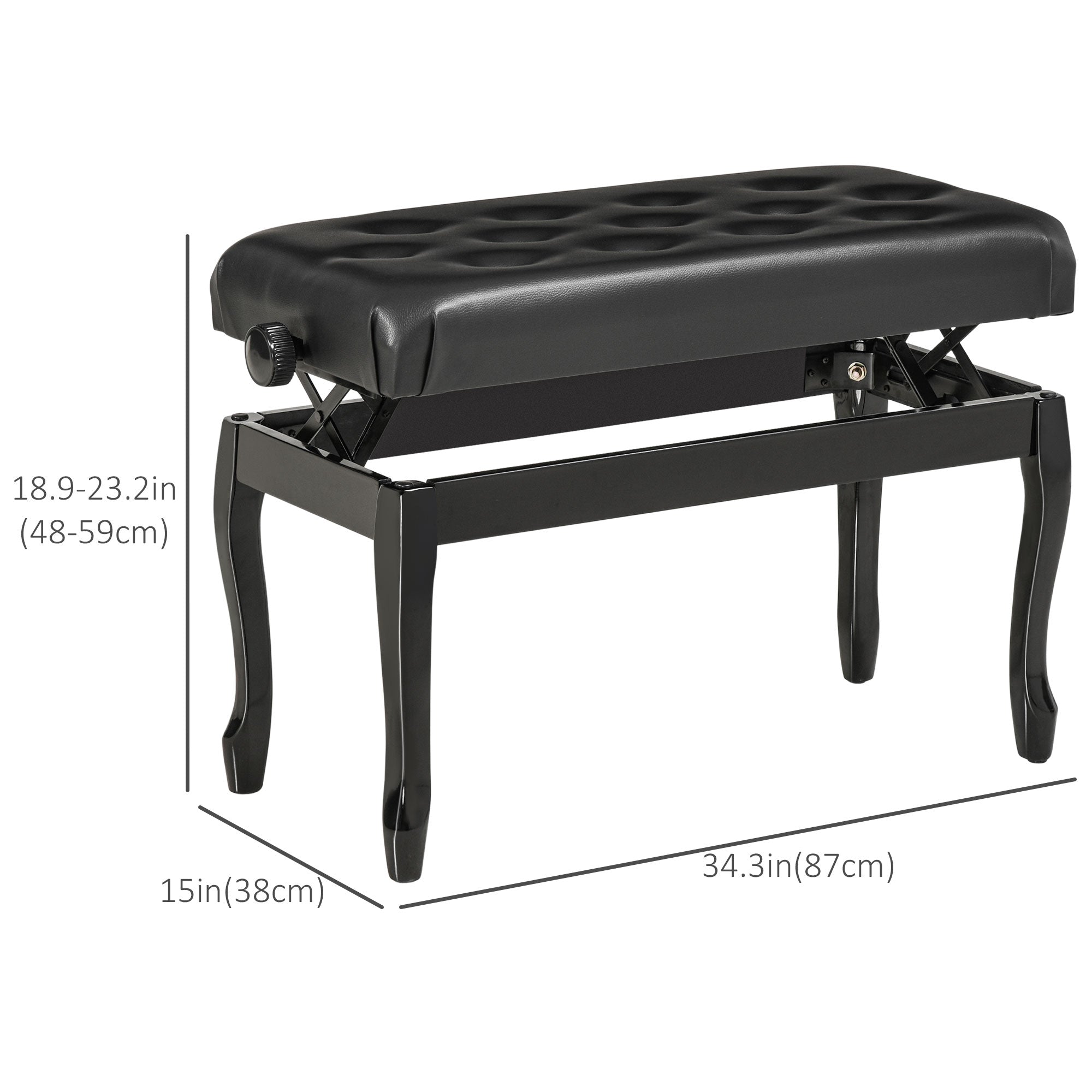 HOMCOM Adjustable Height Piano Bench Stool, PU Leather Button Tufted Padded Keyboard Seat with Rubber Wood Legs, Black