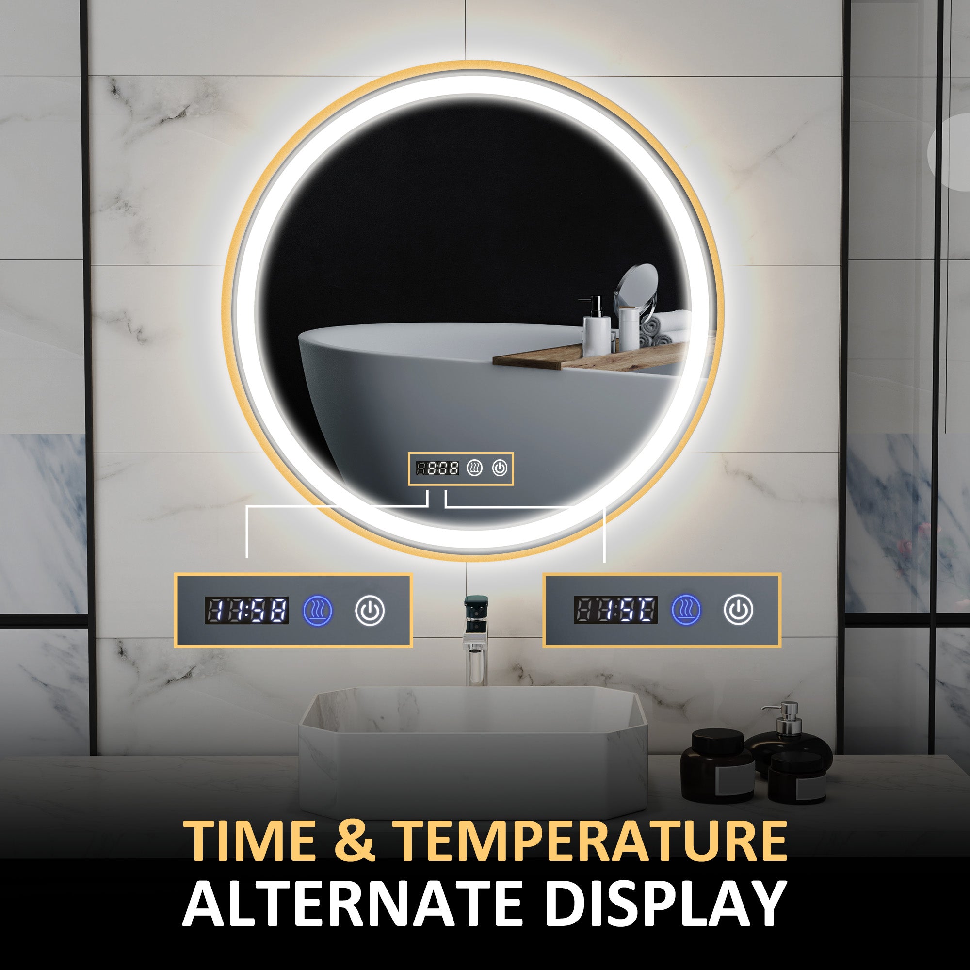 HOMCOM 28" Round LED Bathroom Mirror with Frontlit and Backlit 3 Colour and Dimmable Vanity Mirror Wall Mounted Makeup Mirror with Anti-Fog Touch Button Time and Temp Display Gold