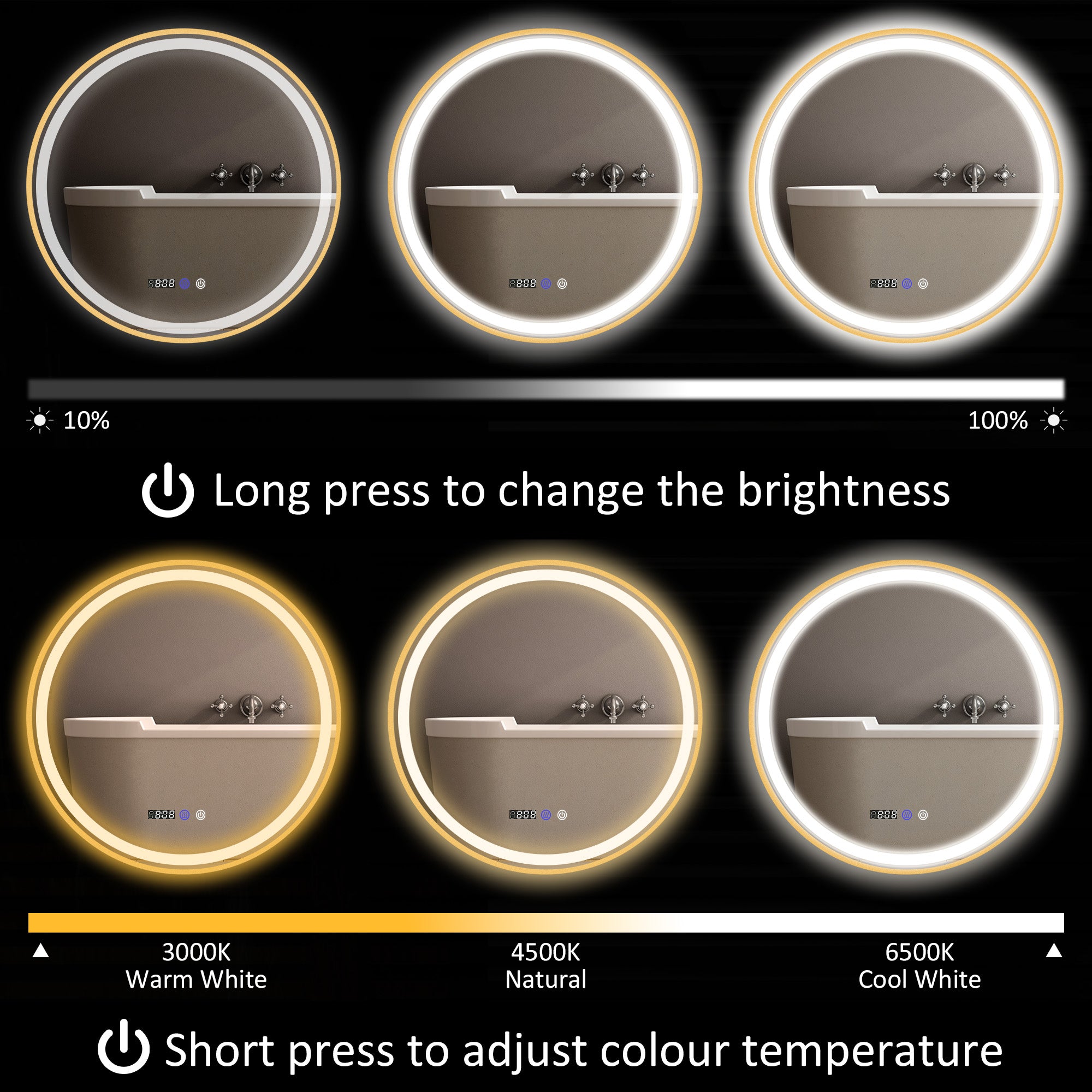 HOMCOM 28" Round LED Bathroom Mirror with Frontlit and Backlit 3 Colour and Dimmable Vanity Mirror Wall Mounted Makeup Mirror with Anti-Fog Touch Button Time and Temp Display Gold