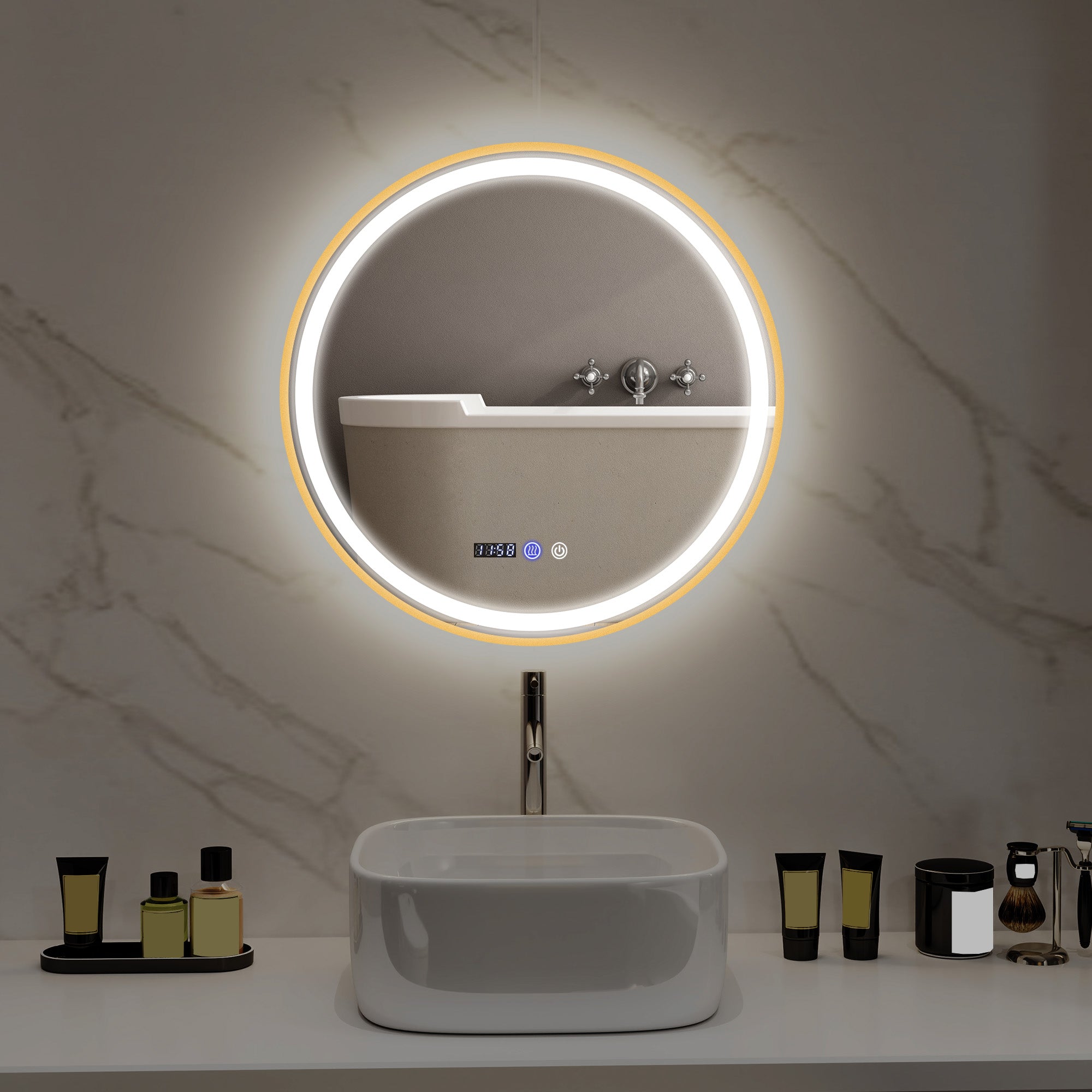 HOMCOM 28" Round LED Bathroom Mirror with Frontlit and Backlit 3 Colour and Dimmable Vanity Mirror Wall Mounted Makeup Mirror with Anti-Fog Touch Button Time and Temp Display Gold