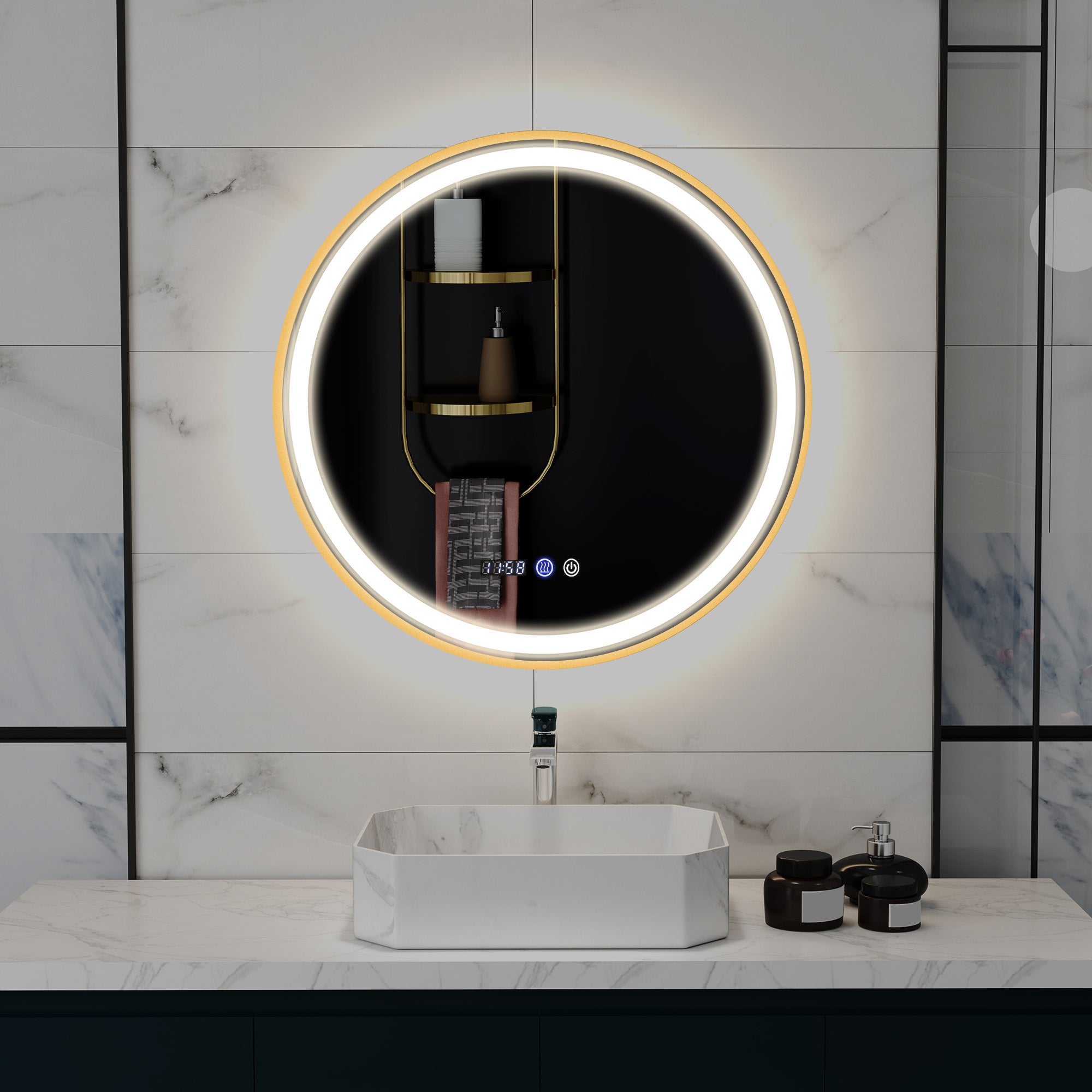 HOMCOM 28" Round LED Bathroom Mirror with Frontlit and Backlit 3 Colour and Dimmable Vanity Mirror Wall Mounted Makeup Mirror with Anti-Fog Touch Button Time and Temp Display Gold