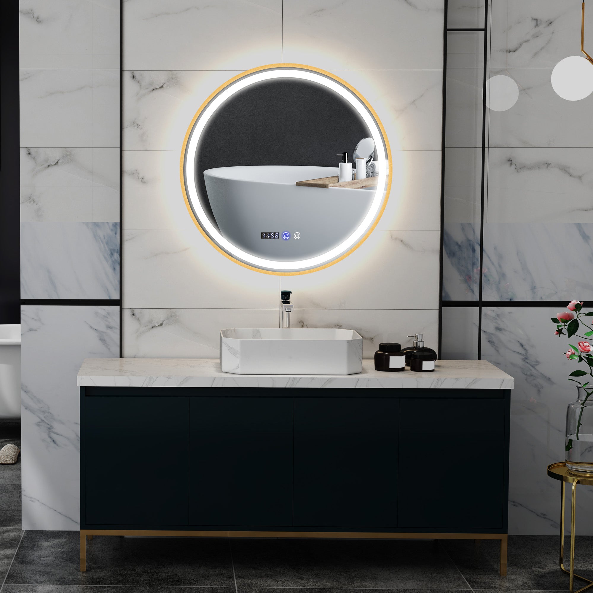 HOMCOM 28" Round LED Bathroom Mirror with Frontlit and Backlit 3 Colour and Dimmable Vanity Mirror Wall Mounted Makeup Mirror with Anti-Fog Touch Button Time and Temp Display Gold