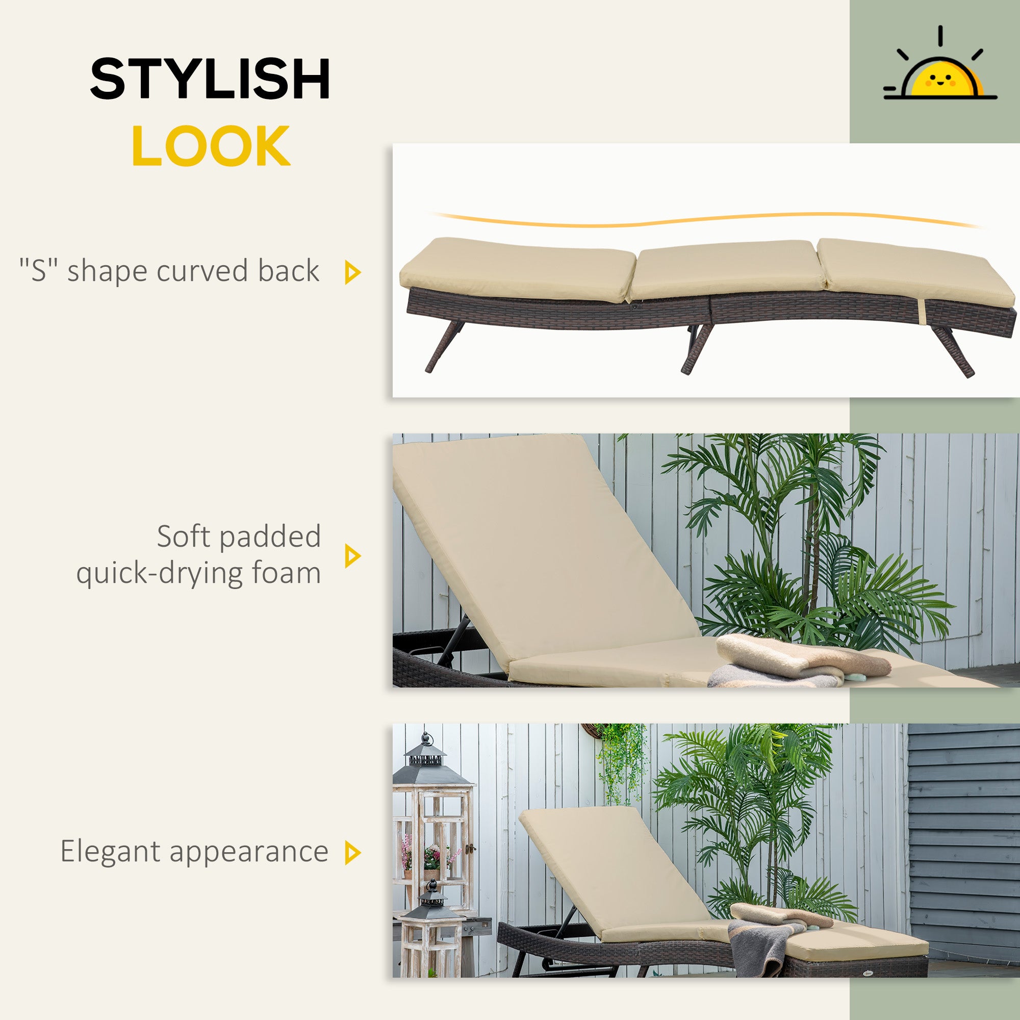 Outsunny Wicker Patio Lounger, Outdoor S Shape Recliners Lounge Chair w/ 5-Level Adjustable Backrest, Soft Padded Cushion for Outdoor Use, Khaki