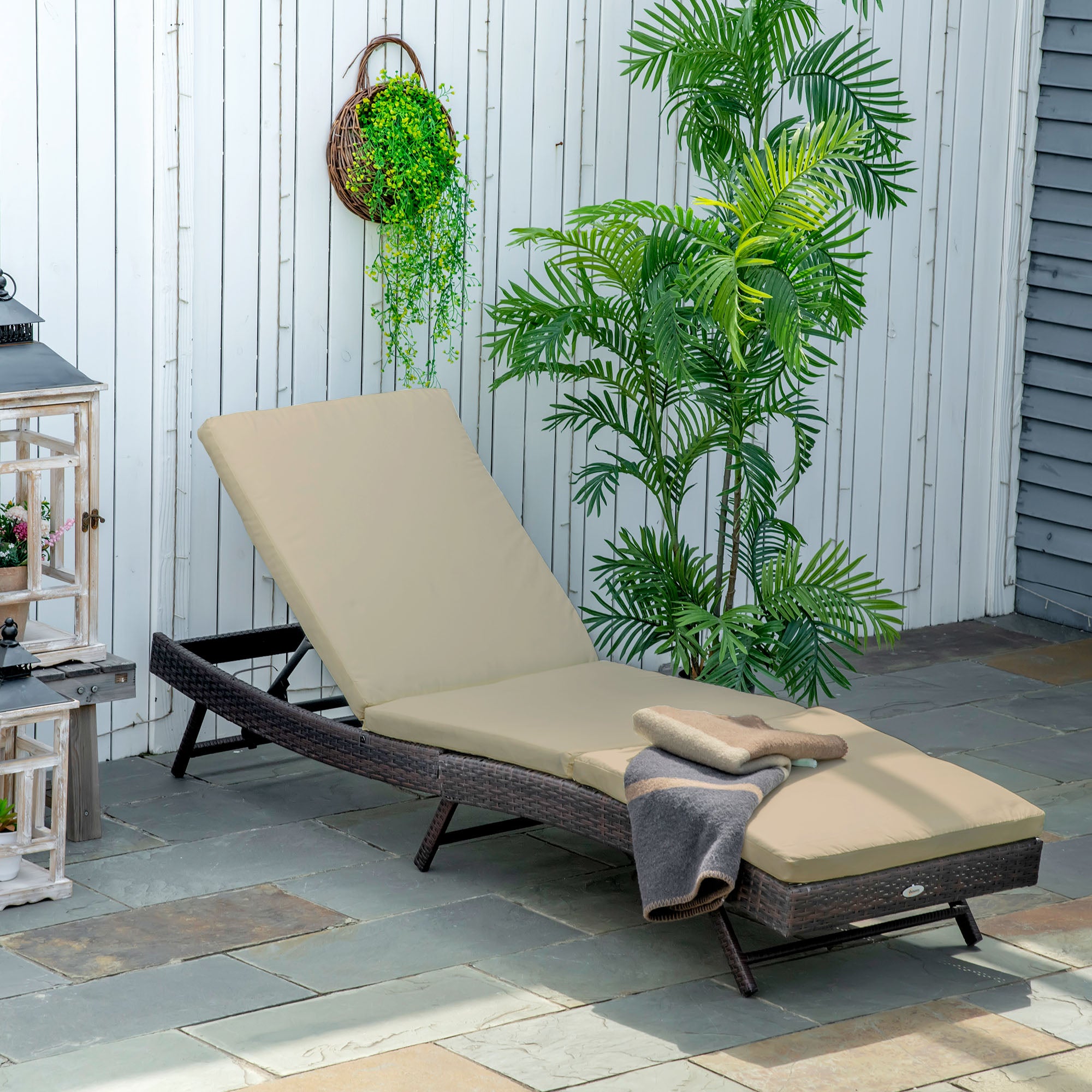 Outsunny Wicker Patio Lounger, Outdoor S Shape Recliners Lounge Chair w/ 5-Level Adjustable Backrest, Soft Padded Cushion for Outdoor Use, Khaki