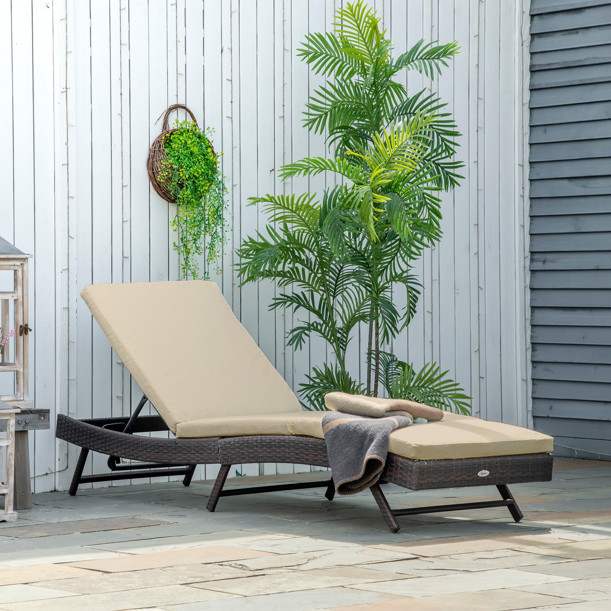 Outsunny Wicker Patio Lounger, Outdoor S Shape Recliners Lounge Chair w/ 5-Level Adjustable Backrest, Soft Padded Cushion for Outdoor Use, Khaki