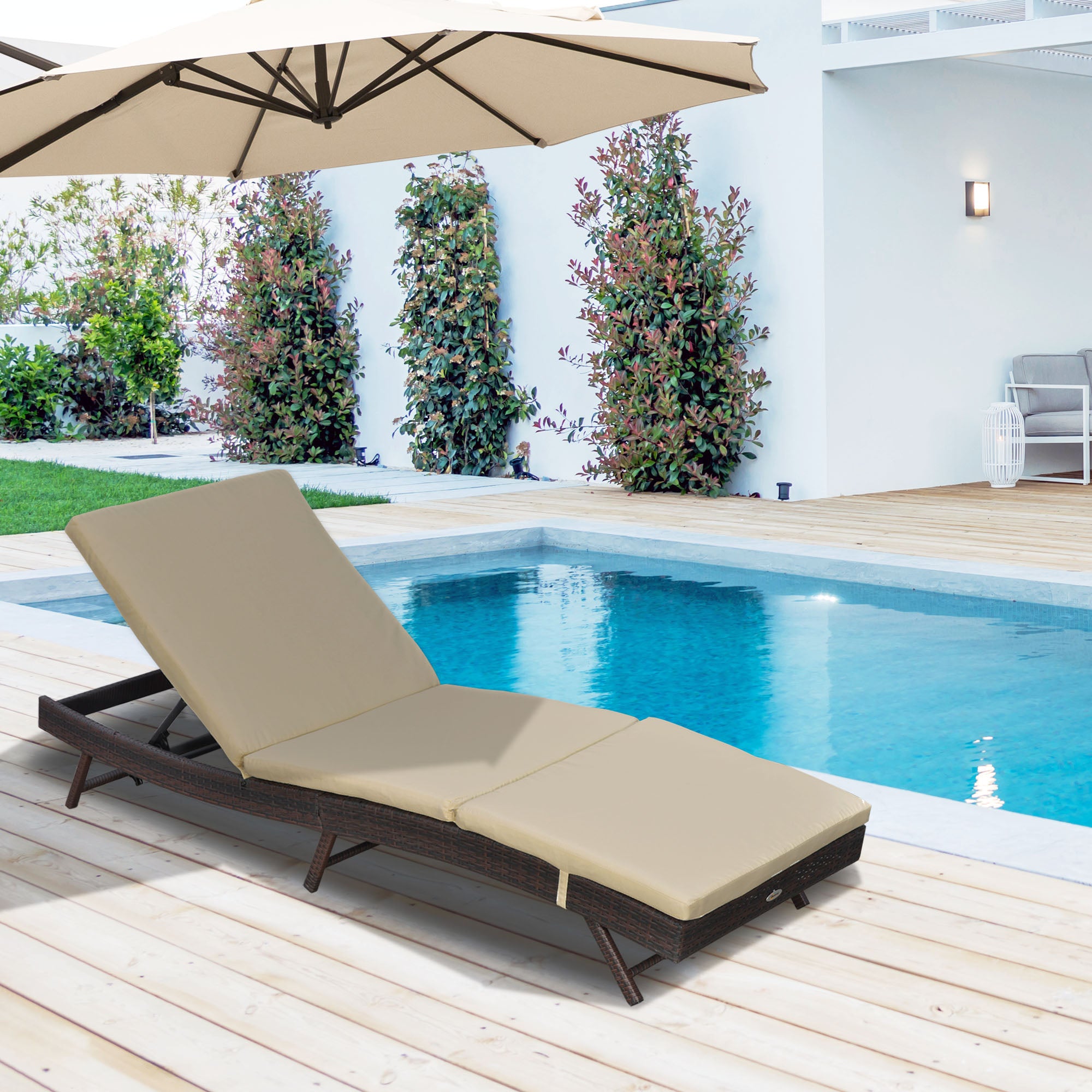 Outsunny Wicker Patio Lounger, Outdoor S Shape Recliners Lounge Chair w/ 5-Level Adjustable Backrest, Soft Padded Cushion for Outdoor Use, Khaki