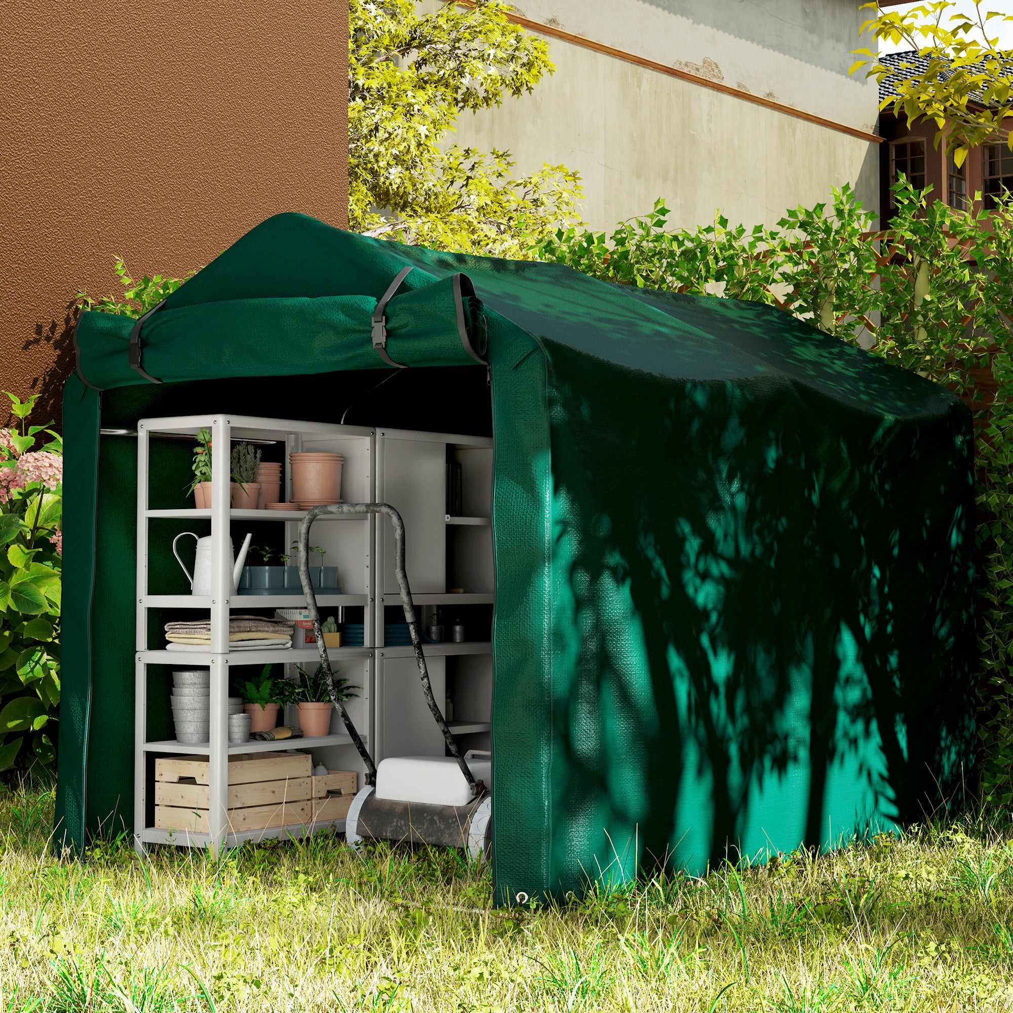 Outsunny 7' x 5' Garden Storage Tent, UV Resistant Bike Shed, Patio Storage Shelter with Roll-up Zipper Door, Outdoor Waterproof Carport Shelter for Bike, Motorcycle, Dark Green