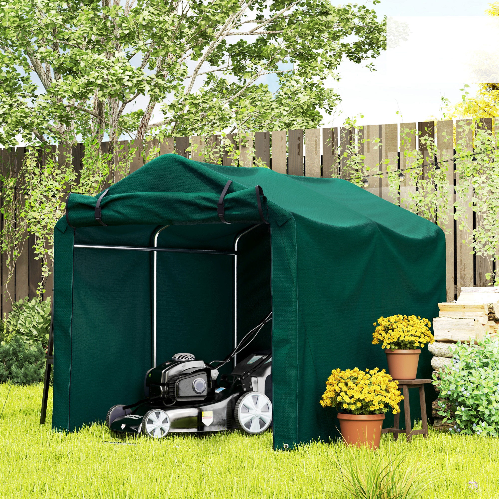 Outsunny 7' x 5' Garden Storage Tent, UV Resistant Bike Shed, Patio Storage Shelter with Roll-up Zipper Door, Outdoor Waterproof Carport Shelter for Bike, Motorcycle, Dark Green