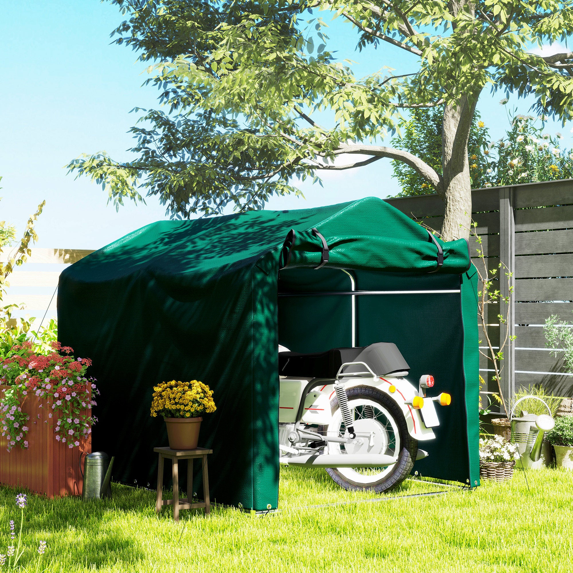 Outsunny 7' x 5' Garden Storage Tent, UV Resistant Bike Shed, Patio Storage Shelter with Roll-up Zipper Door, Outdoor Waterproof Carport Shelter for Bike, Motorcycle, Dark Green
