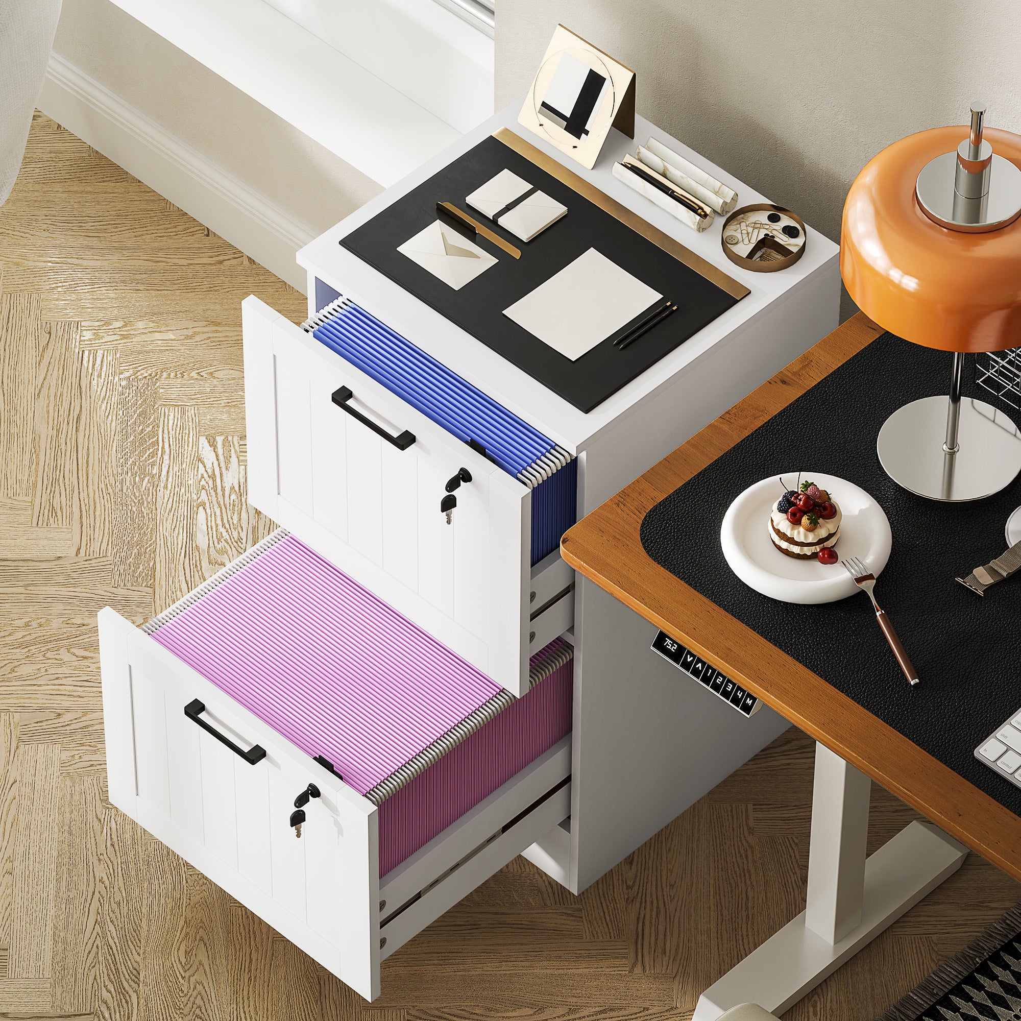 HOMCOM 2 Drawer File Cabinet with Lock, Vertical Filing Cabinet with Adjustable Hanging Bars for A4 and Letter Size File Folders, Printer Stand with Storage, White