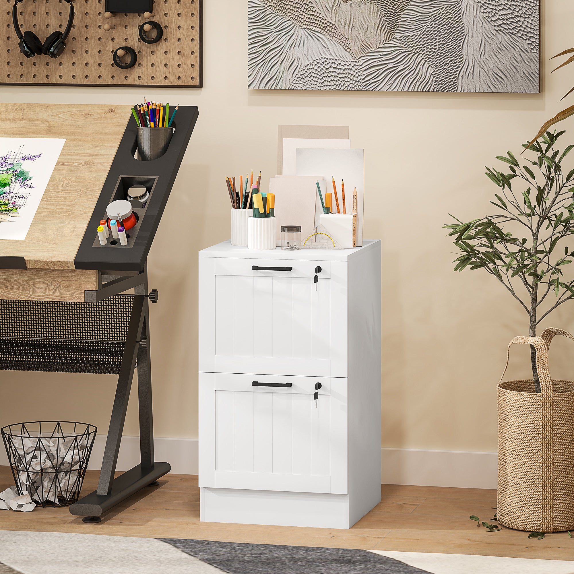 HOMCOM 2 Drawer File Cabinet with Lock, Vertical Filing Cabinet with Adjustable Hanging Bars for A4 and Letter Size File Folders, Printer Stand with Storage, White