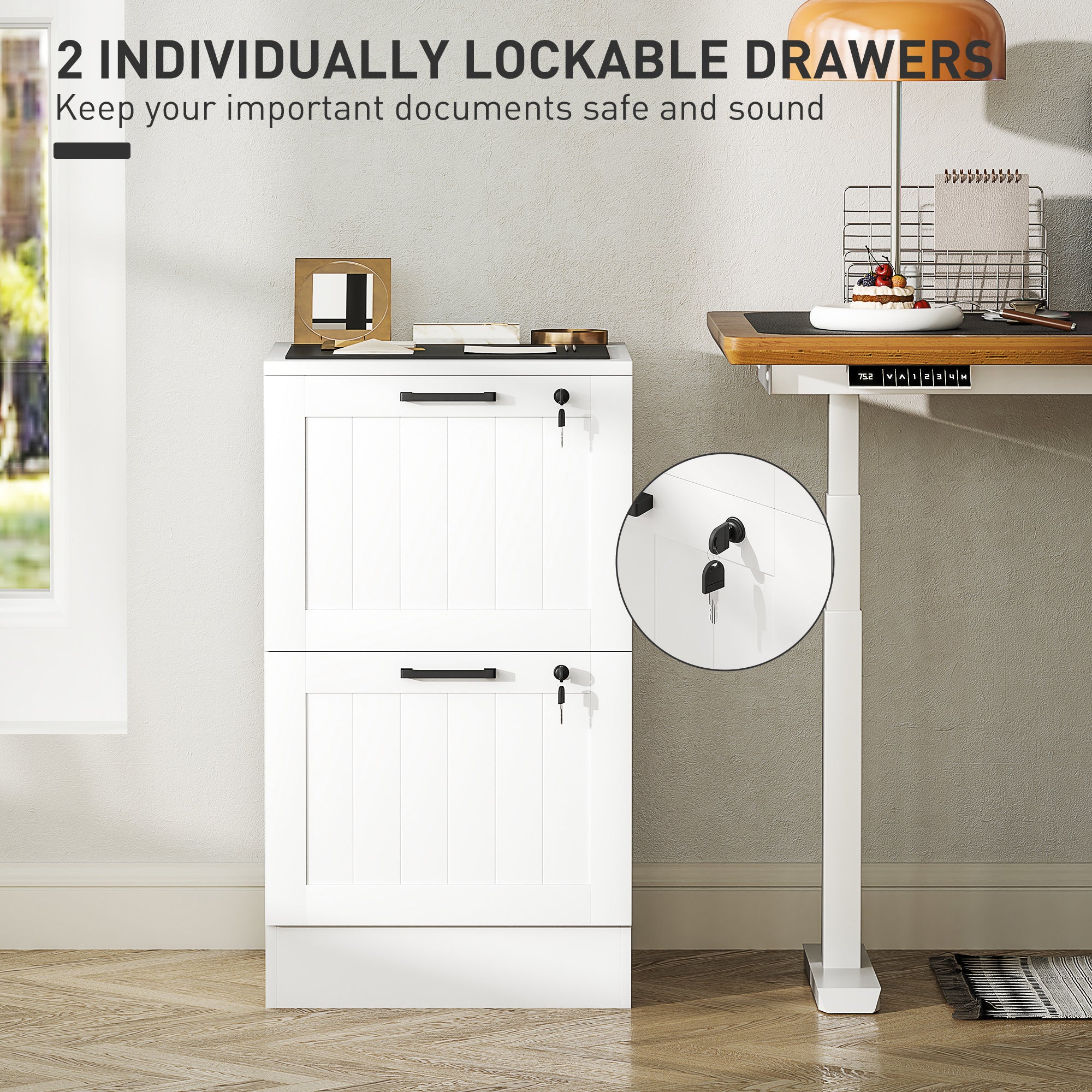 HOMCOM 2 Drawer File Cabinet with Lock, Vertical Filing Cabinet with Adjustable Hanging Bars for A4 and Letter Size File Folders, Printer Stand with Storage, White