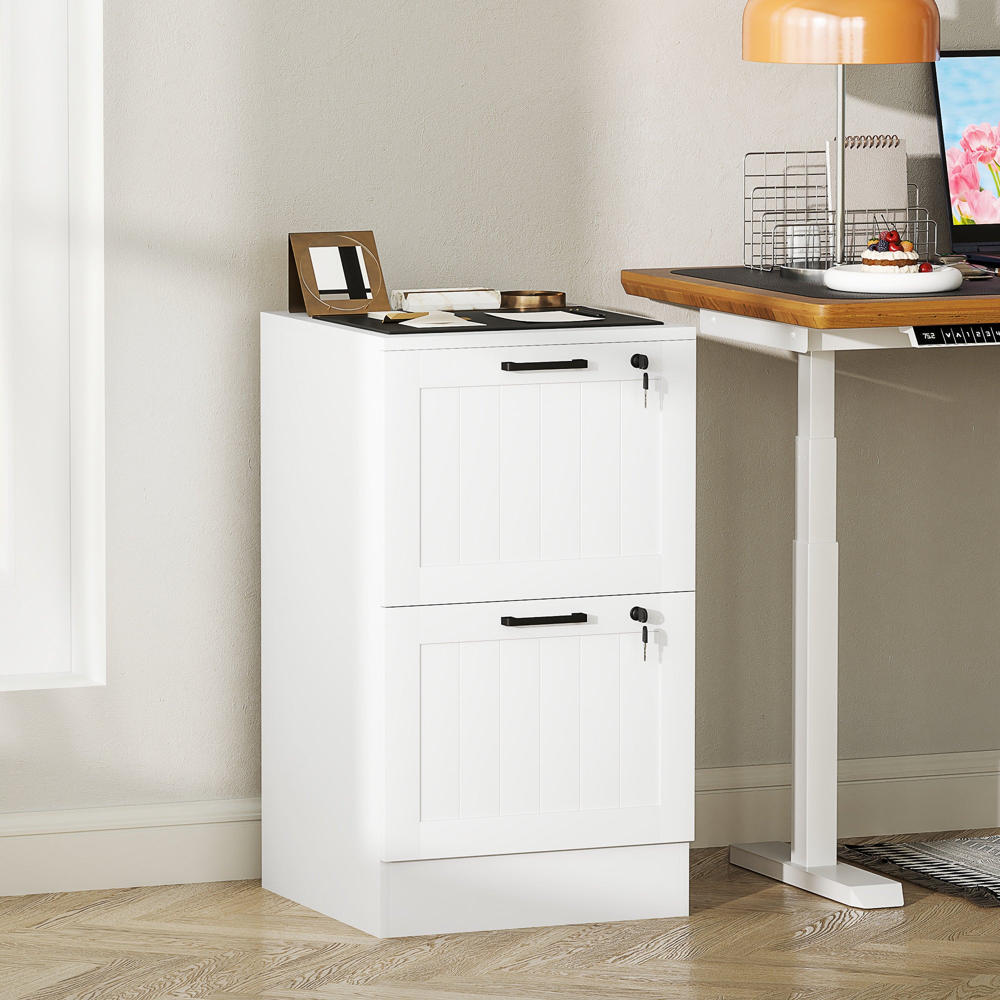HOMCOM 2 Drawer File Cabinet with Lock, Vertical Filing Cabinet with Adjustable Hanging Bars for A4 and Letter Size File Folders, Printer Stand with Storage, White