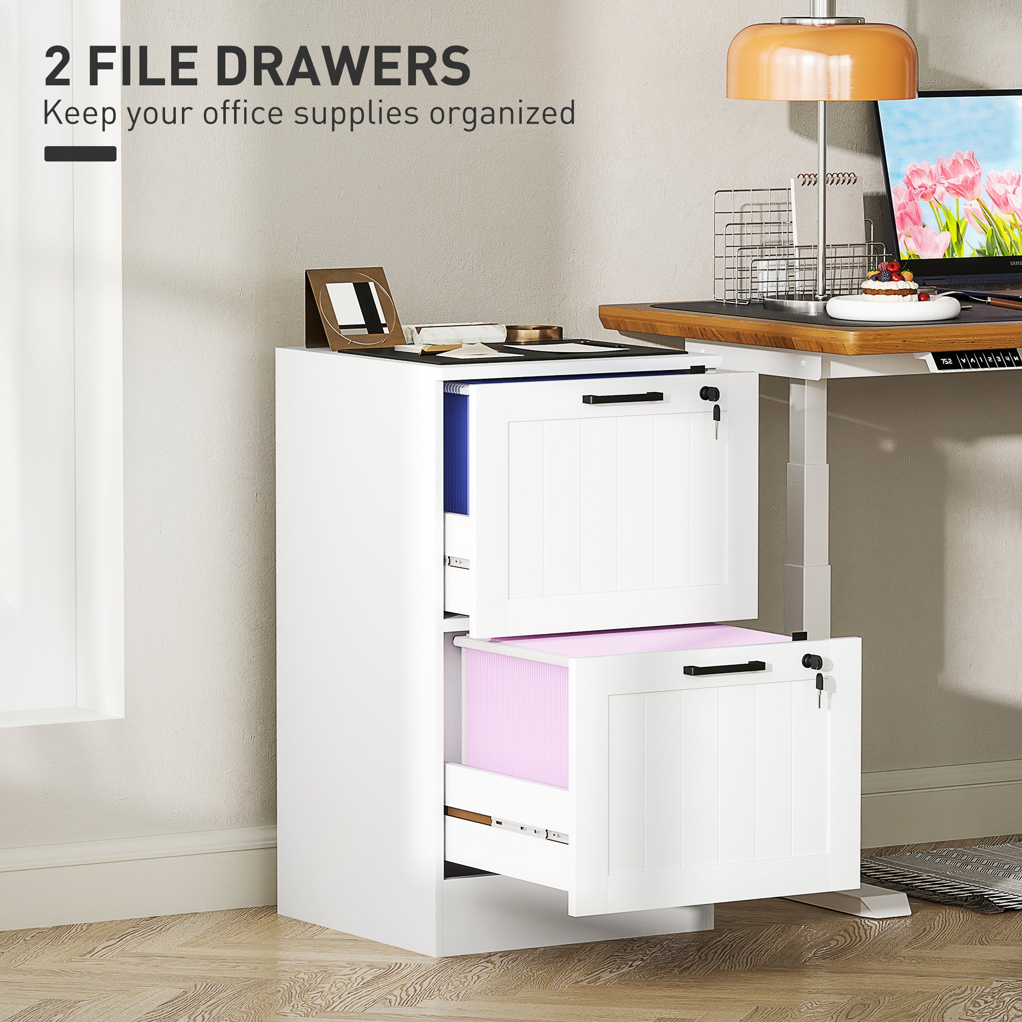 HOMCOM 2 Drawer File Cabinet with Lock, Vertical Filing Cabinet with Adjustable Hanging Bars for A4 and Letter Size File Folders, Printer Stand with Storage, White
