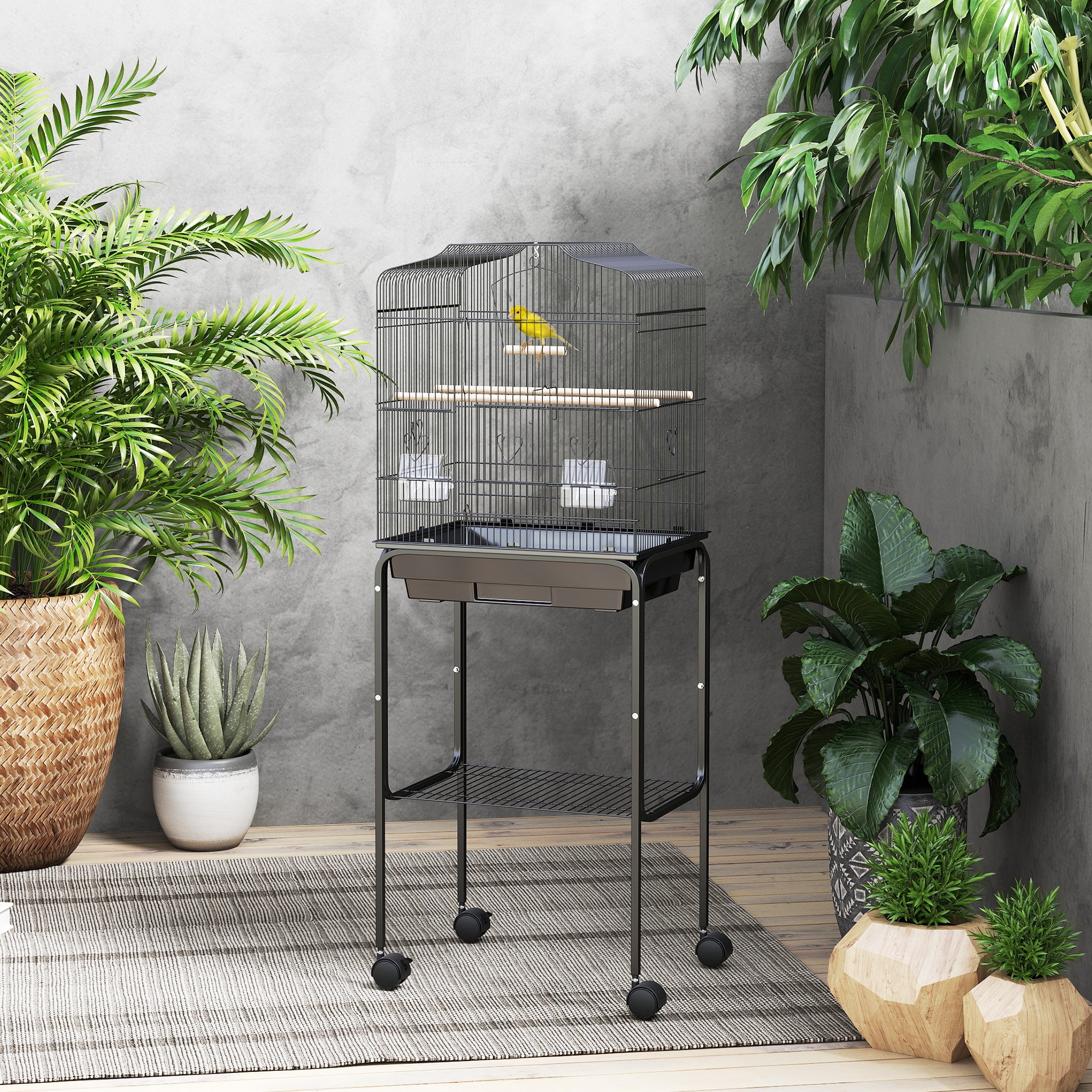 PawHut Bird Cage Budgie Cages for Finch Canary Parakeet with Stand Wheels Slide-out Tray Accessories Storage Shelf, Black 46.5 x 36 x 124 cm
