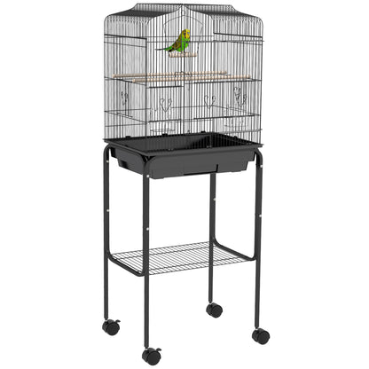 PawHut Bird Cage Budgie Cages for Finch Canary Parakeet with Stand Wheels Slide-out Tray Accessories Storage Shelf, Black 46.5 x 36 x 124 cm