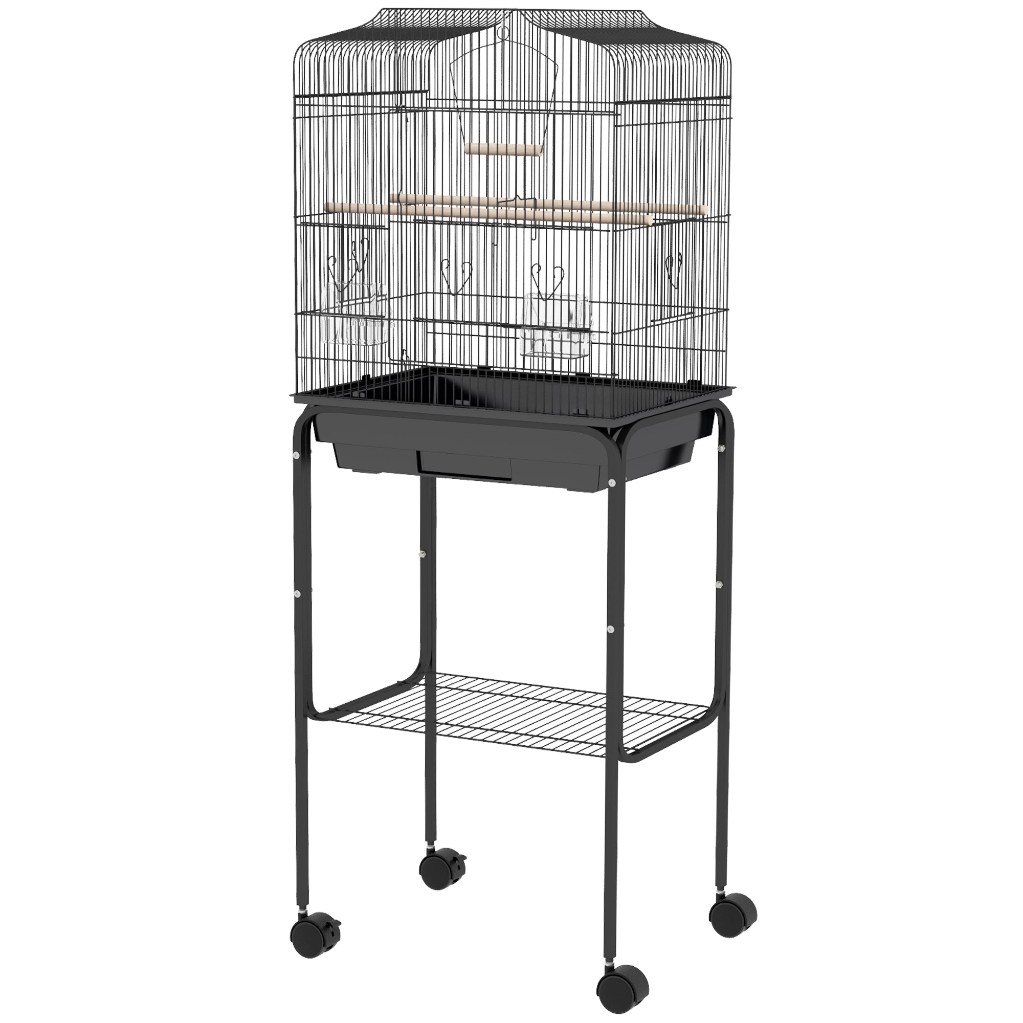 PawHut Bird Cage Budgie Cages for Finch Canary Parakeet with Stand Wheels Slide-out Tray Accessories Storage Shelf, Black 46.5 x 36 x 124 cm