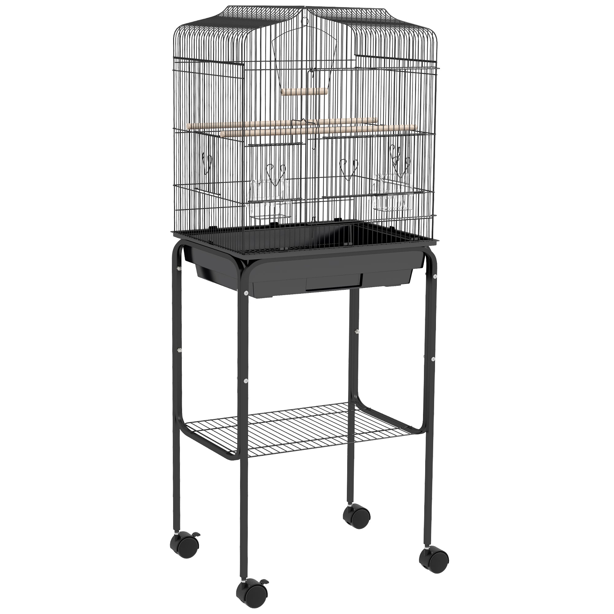 PawHut Bird Cage Budgie Cages for Finch Canary Parakeet with Stand Wheels Slide-out Tray Accessories Storage Shelf, Black 46.5 x 36 x 124 cm