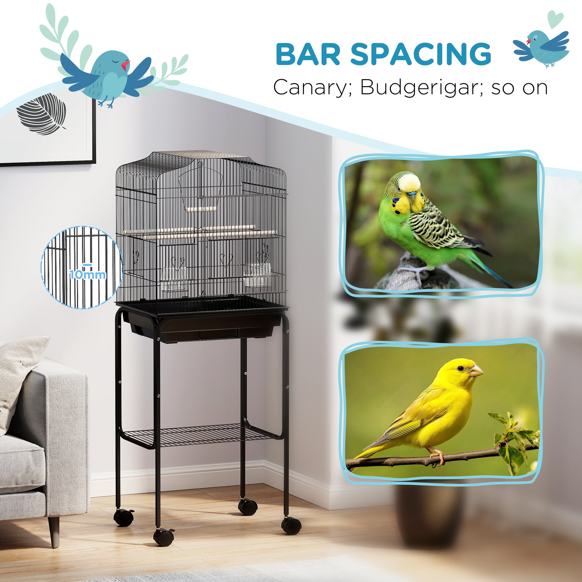 PawHut Bird Cage Budgie Cages for Finch Canary Parakeet with Stand Wheels Slide-out Tray Accessories Storage Shelf, Black 46.5 x 36 x 124 cm