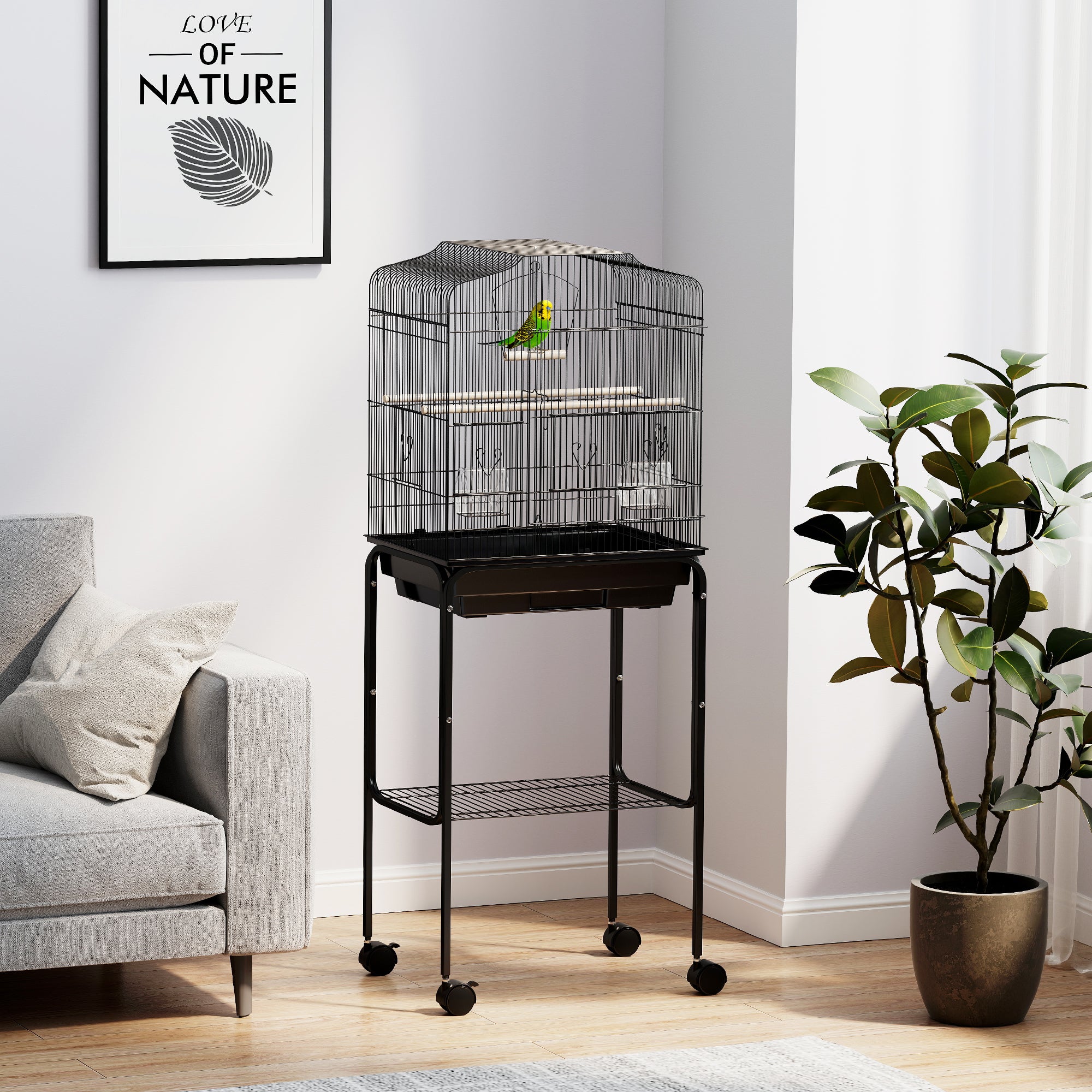 PawHut Bird Cage Budgie Cages for Finch Canary Parakeet with Stand Wheels Slide-out Tray Accessories Storage Shelf, Black 46.5 x 36 x 124 cm
