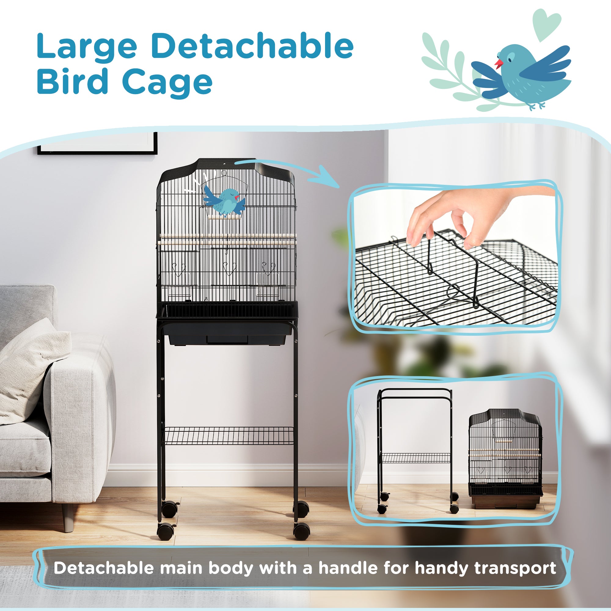 PawHut Bird Cage Budgie Cages for Finch Canary Parakeet with Stand Wheels Slide-out Tray Accessories Storage Shelf, Black 46.5 x 36 x 124 cm