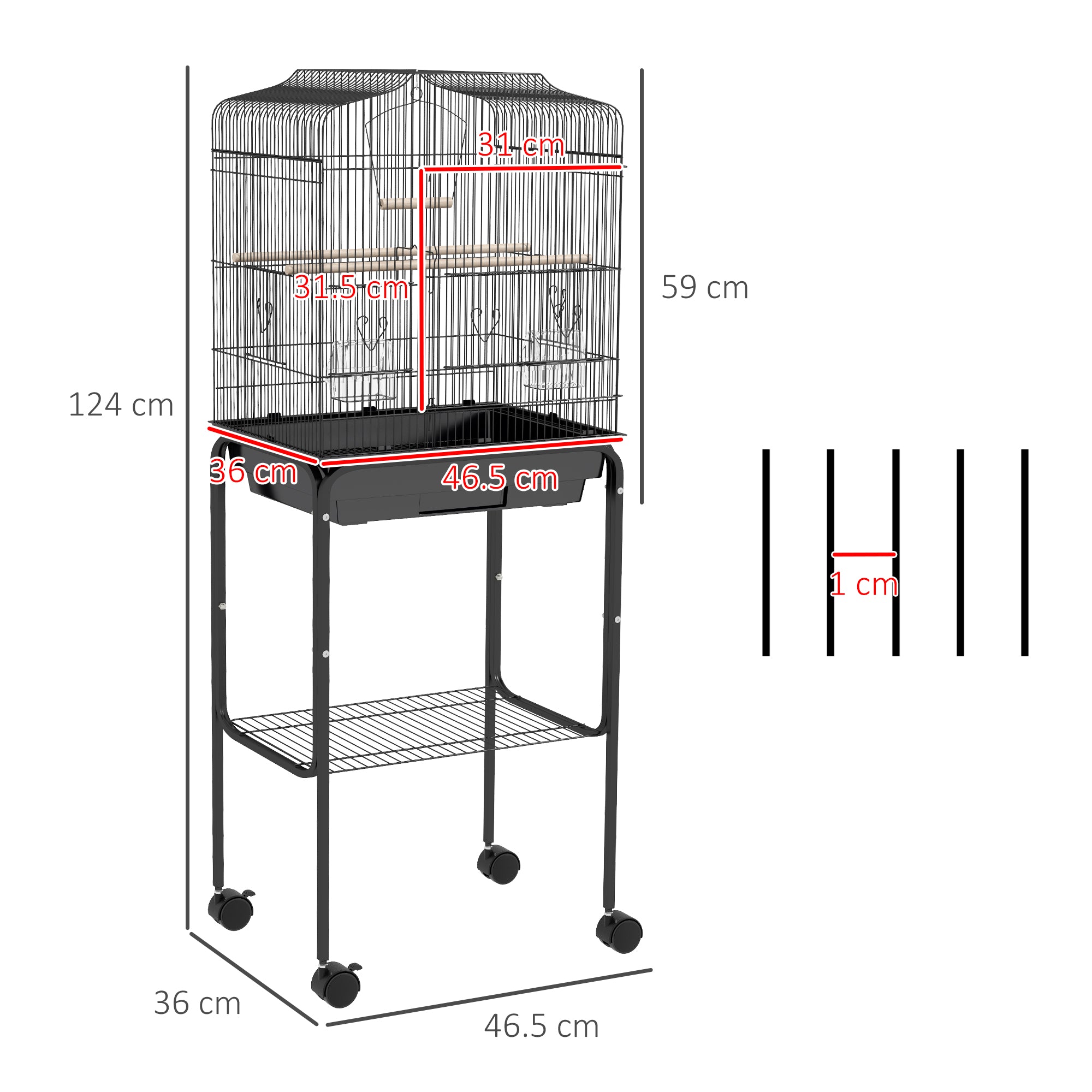 PawHut Bird Cage Budgie Cages for Finch Canary Parakeet with Stand Wheels Slide-out Tray Accessories Storage Shelf, Black 46.5 x 36 x 124 cm