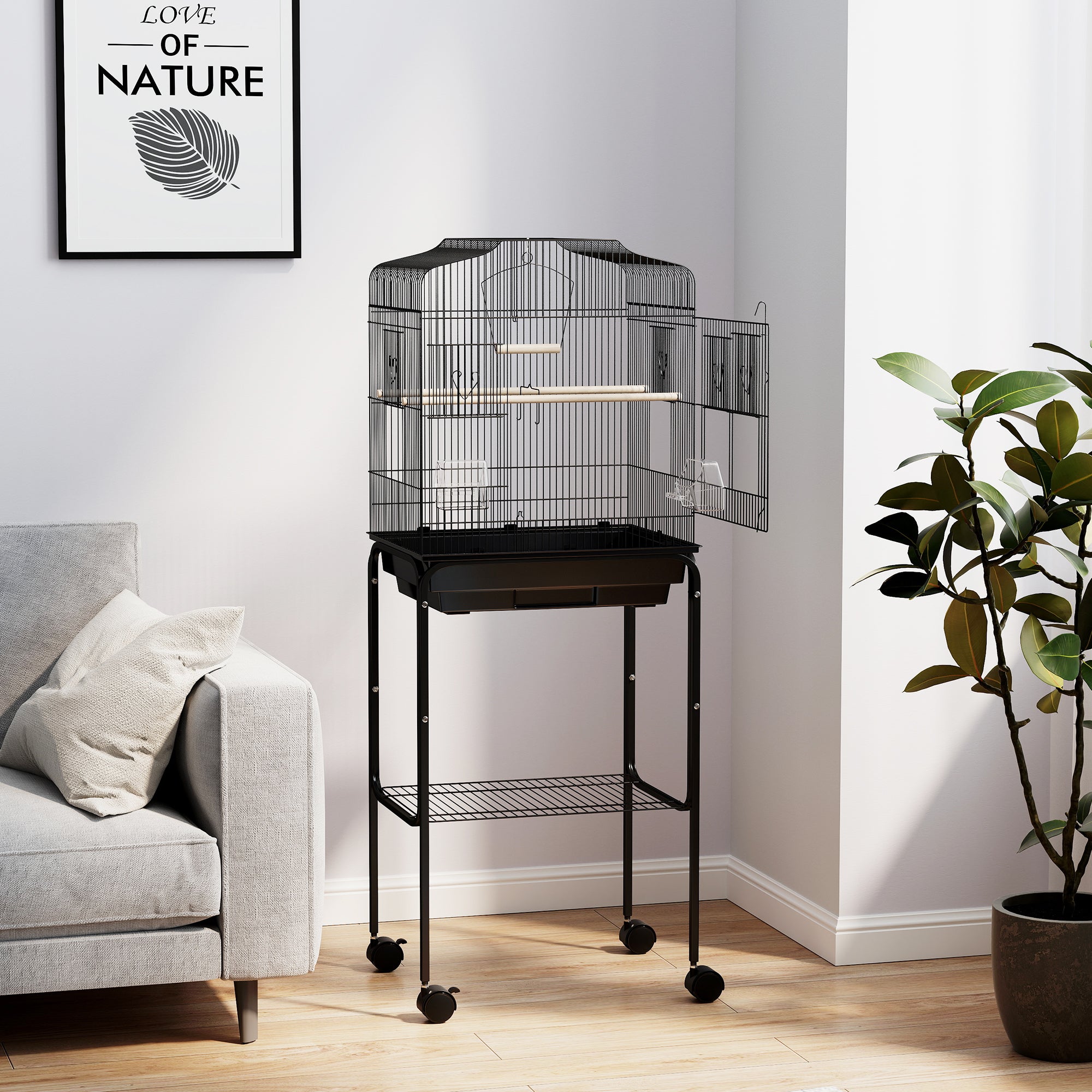 PawHut Bird Cage Budgie Cages for Finch Canary Parakeet with Stand Wheels Slide-out Tray Accessories Storage Shelf, Black 46.5 x 36 x 124 cm