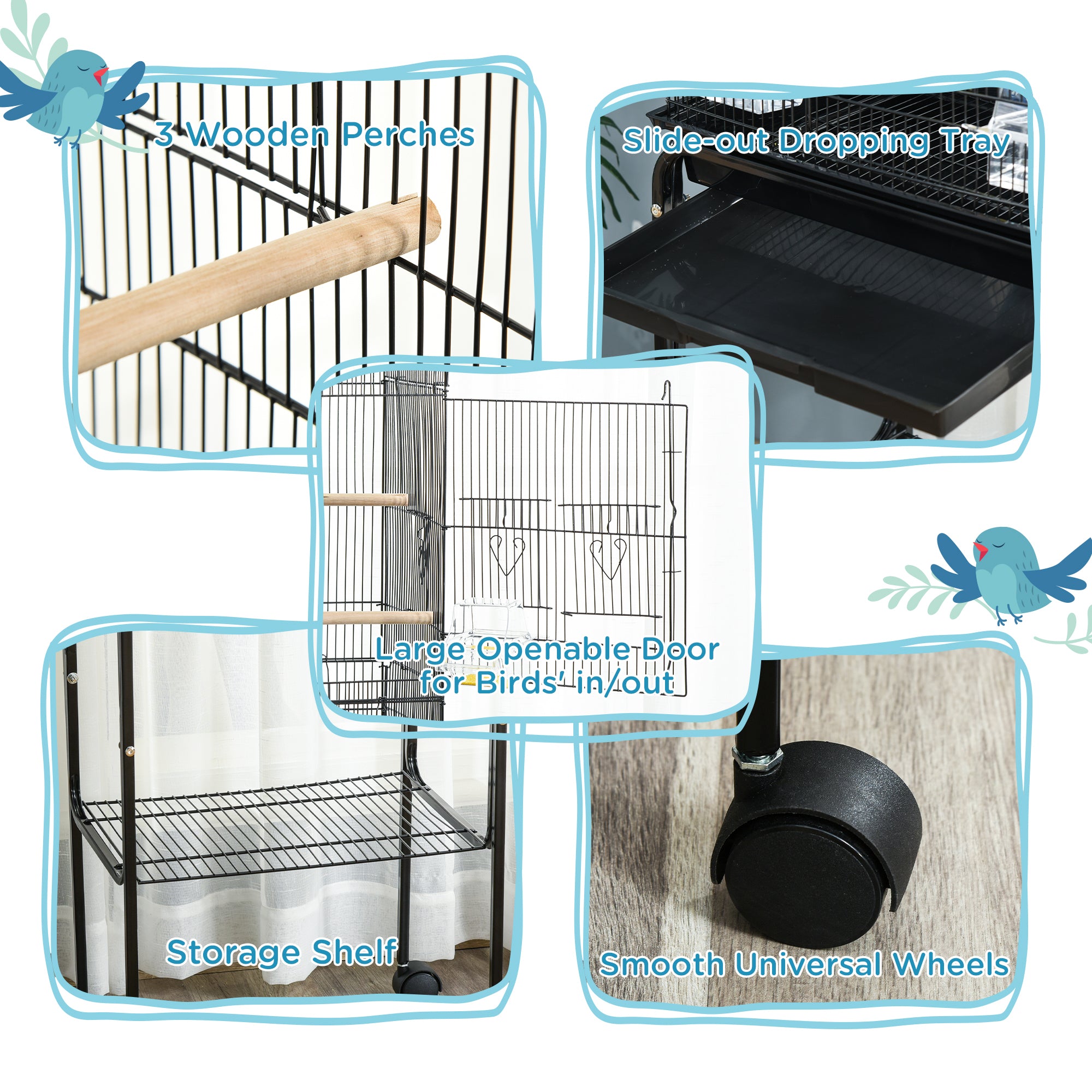 PawHut Bird Cage Budgie Cages for Finch Canary Parakeet with Stand Wheels Slide-out Tray Accessories Storage Shelf, Black 46.5 x 36 x 124 cm