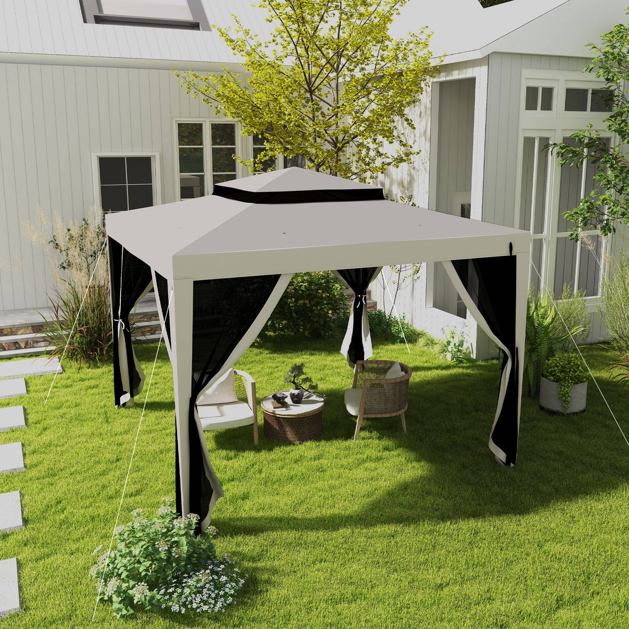 Outsunny 10' x 10' Canopy Tent, Party Tent with Mesh Netting and Double Tier Roof for Backyard, Garden, Patio, Outdoor, Cream White