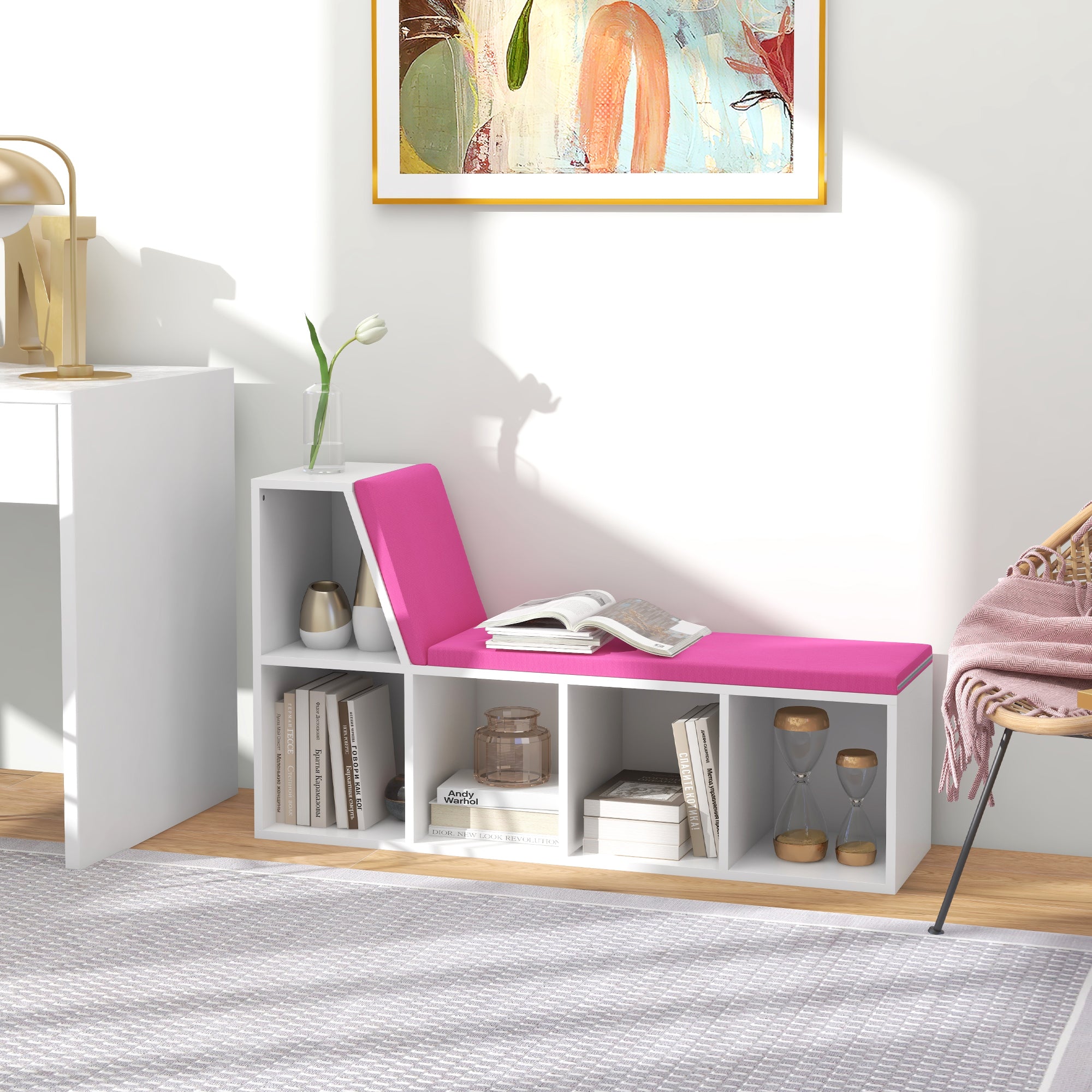 HOMCOM Bookshelf with Reading Nook, Bookcase with Seat Cushion, 5 Cube Storage Shelf for Home Office, Study, Pink