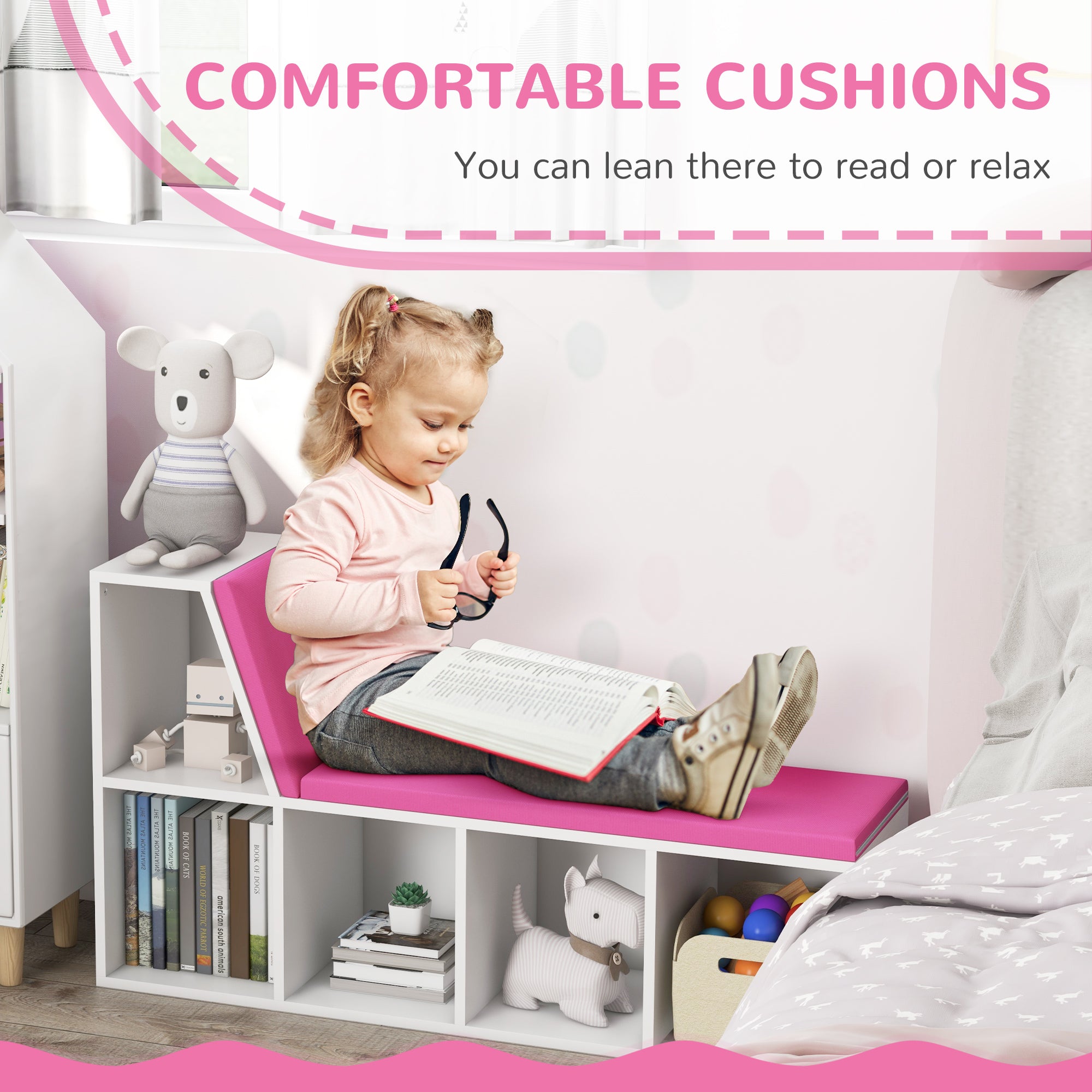 HOMCOM Bookshelf with Reading Nook, Bookcase with Seat Cushion, 5 Cube Storage Shelf for Home Office, Study, Pink