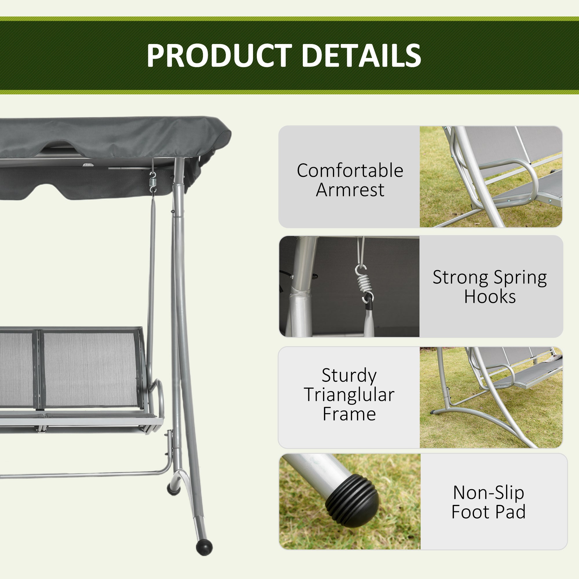 Outsunny 3 Person Patio Swing Seats with Adjustable Canopy Outdoor Swing Chair Bench for Garden, Poolside, Dark Grey